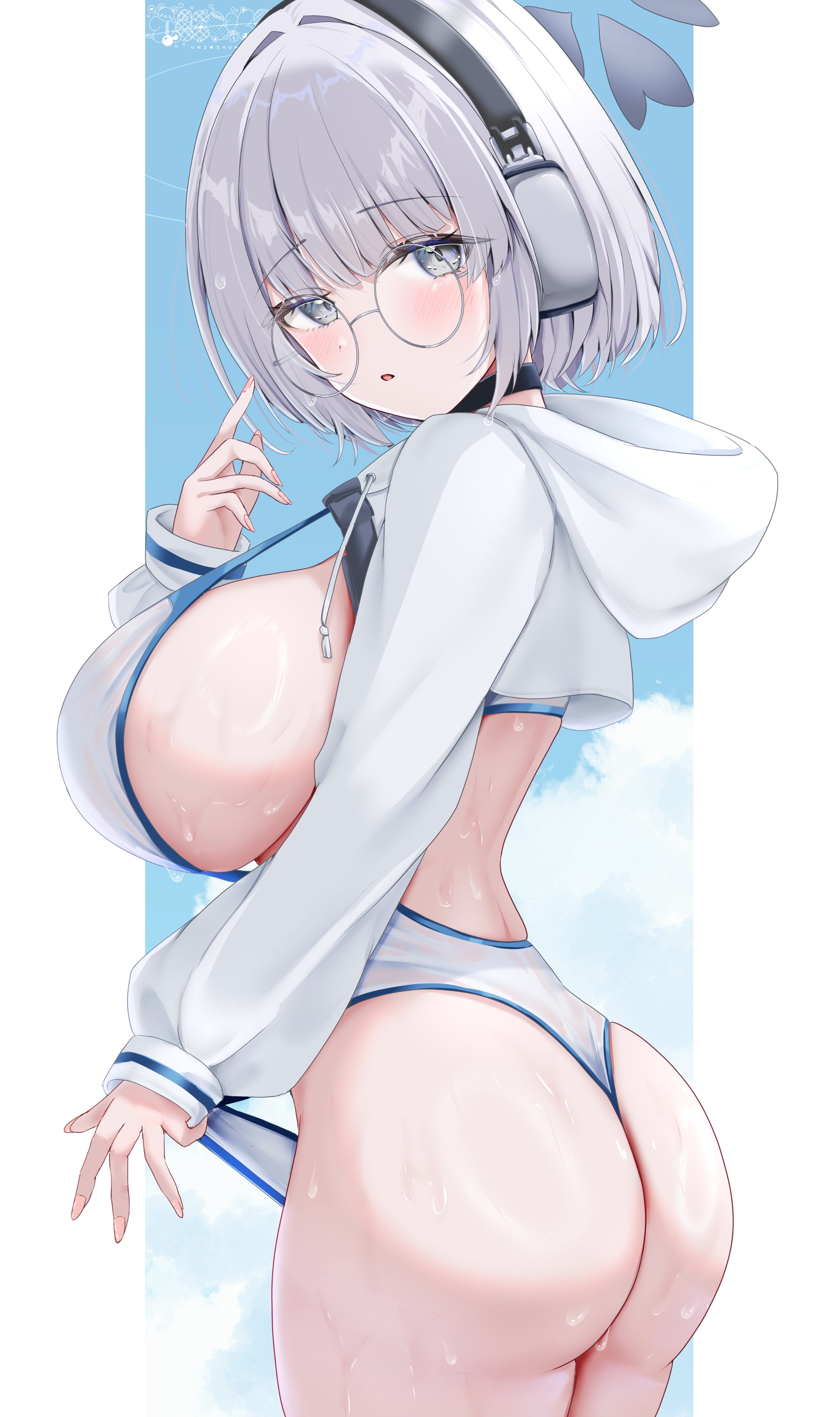 1girl, absurdres, ass, black choker, blue archive, blush, breasts, choker, commentary request, glasses, grey eyes, grey hair, headphones, highres, hooded shrug, huge breasts, kotone (blue archive), looking at viewer, one-piece swimsuit, short hair, shrug (clothing), sideboob, solo, swimsuit, uni ikura, wet, white one-piece swimsuit, white shrug