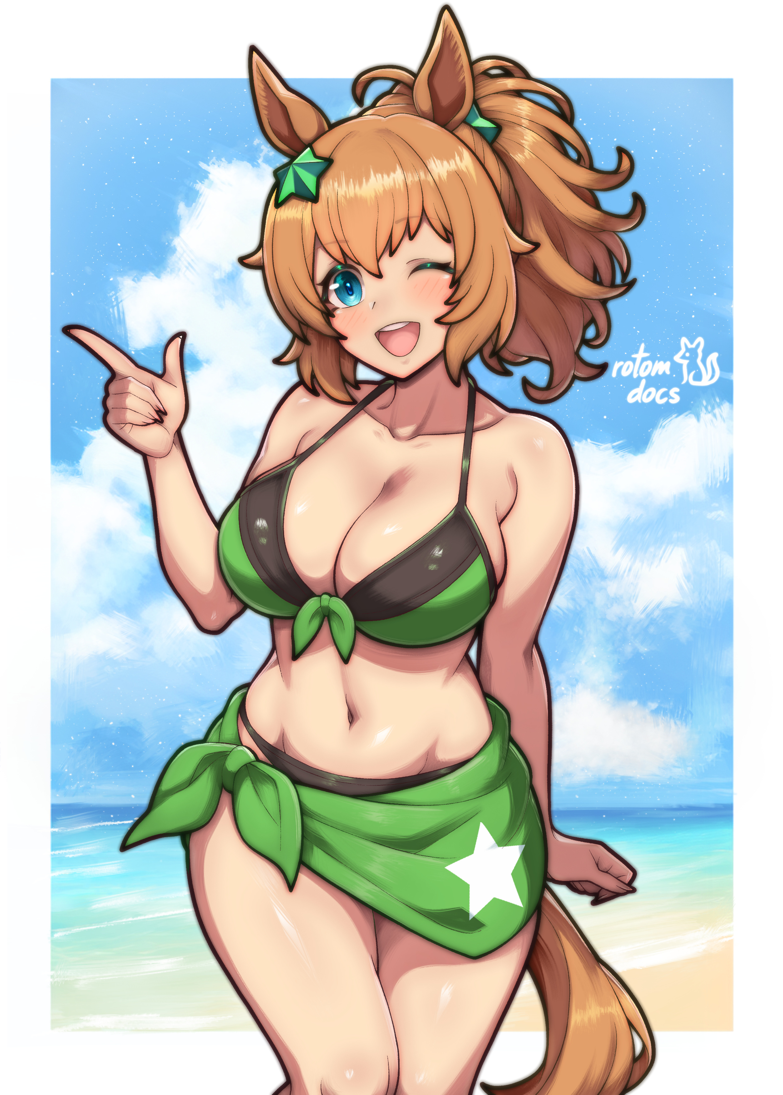 1girls, absurdres, animal ears, bare arms, bare shoulders, beach, big breasts, bikini, black bikini, blue eyes, blue sky, blush, breasts, brown hair, cleavage, collarbone, commentary, commission, cygames, english commentary, green bikini, green sarong, hair between eyes, hair ornament, halterneck, highres, horse ears, horse girl, horse tail, ko-fi commission, looking at viewer, navel, ocean, one eye closed, open mouth, outdoors, ponytail, rotomdocs, sarong, sky, smile, solo, star (symbol), star hair ornament, stomach, string bikini, swimsuit, taiki shuttle (umamusume), taiki shuttle (wild frontier) (umamusume), tail, teeth, triangle bikini top, umamusume, umamusume pretty derby, upper teeth only, water
