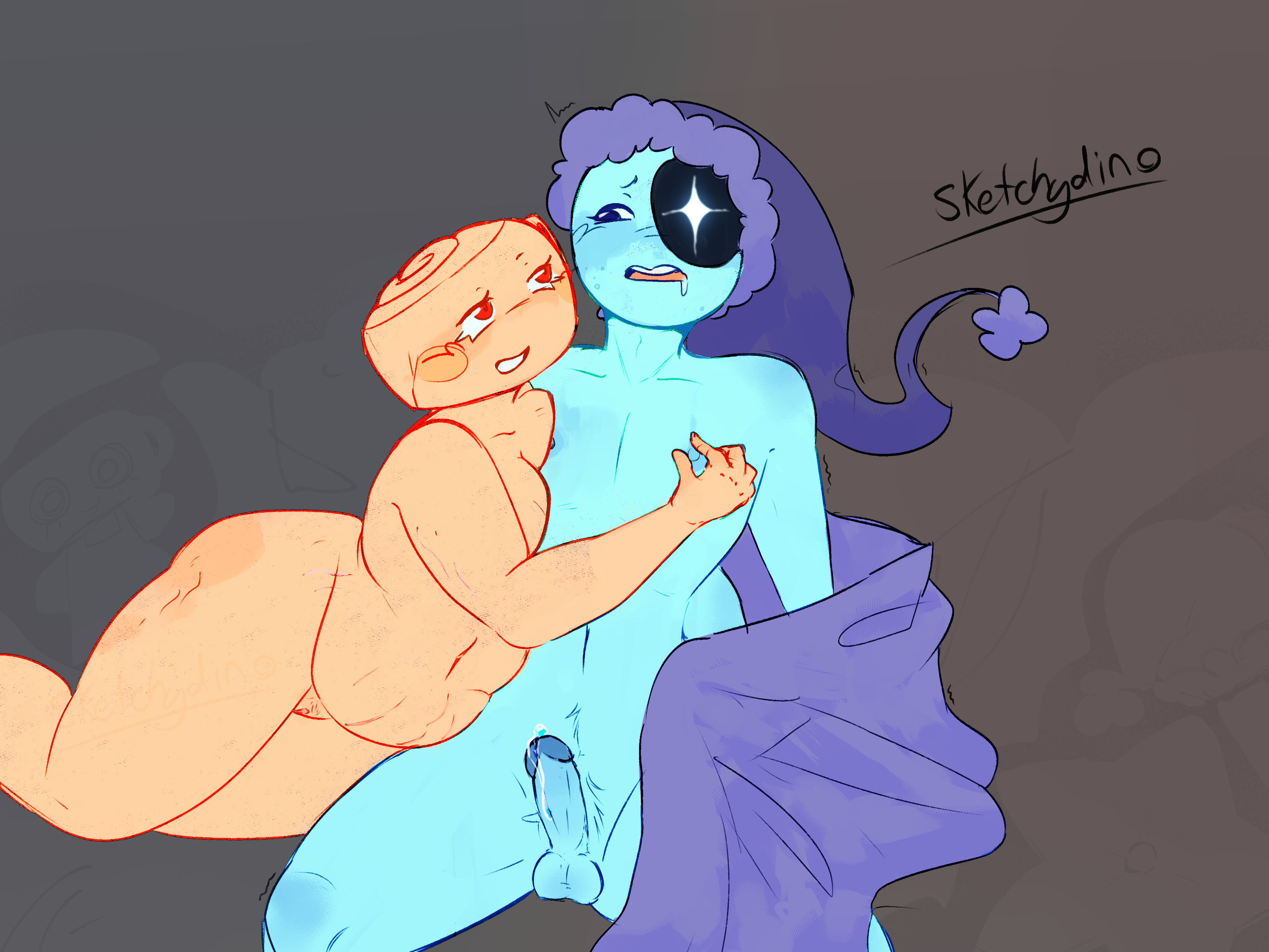 1boy, 1boy1girl, 1girls, astro (dandy's world), big belly, dandy's world, dandys world, dominant female, female, male, male/female, nipples, precum, shelly (dandy's world), sketchydino, squeezing nipple, straight, submissive male