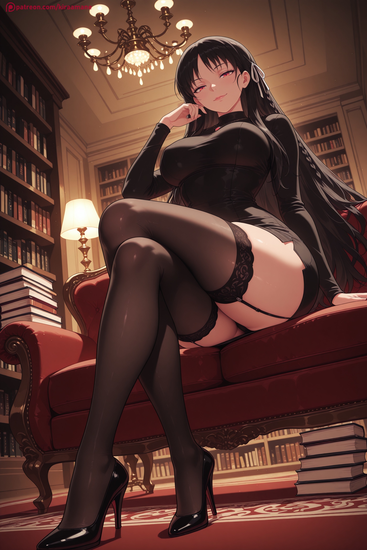 1girl, ai generated, bangs, black footwear, black hair, black legwear, book, bookshelf, breasts, classroom of the elite, crossed legs, from below, garter straps, half-closed eyes, hi res, high heels, high quality, high resolution, horikita suzune, indoors, kiraamane, lace, lace-trimmed legwear, large breasts, legs, long hair, looking at viewer, patreon, red eyes, seductive, sexy, shoe dangle, shoes, sitting, skirt, smile, solo, thighhighs, thighs, uncensored, underwear, watermark