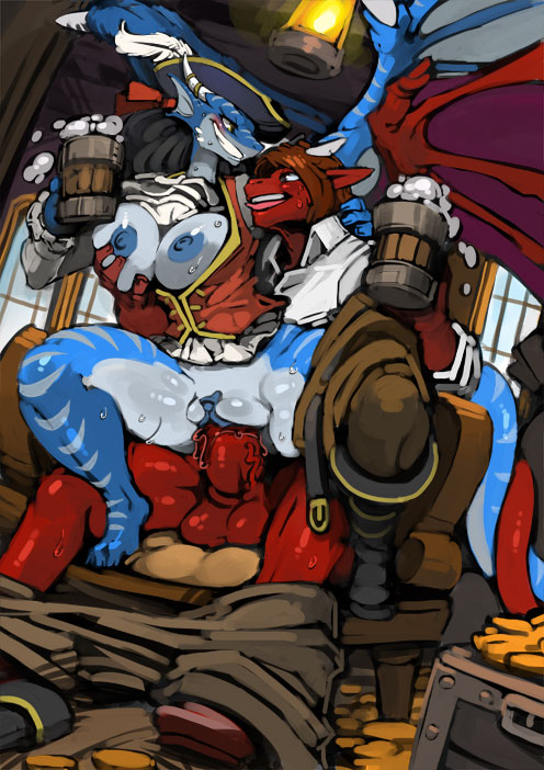 alcohol balls beverage bittenhard black_hair breast_grab breasts brown_hair cabin chair clothing coins dragon eye_contact female female_on_top fish gold grin hair hat horn hybrid lantern male marine mug nipples on_top partially_clothed penetration penis pirate pirate_crew pyron sex shark shikos straight treasure_chest vaginal_penetration windows wings