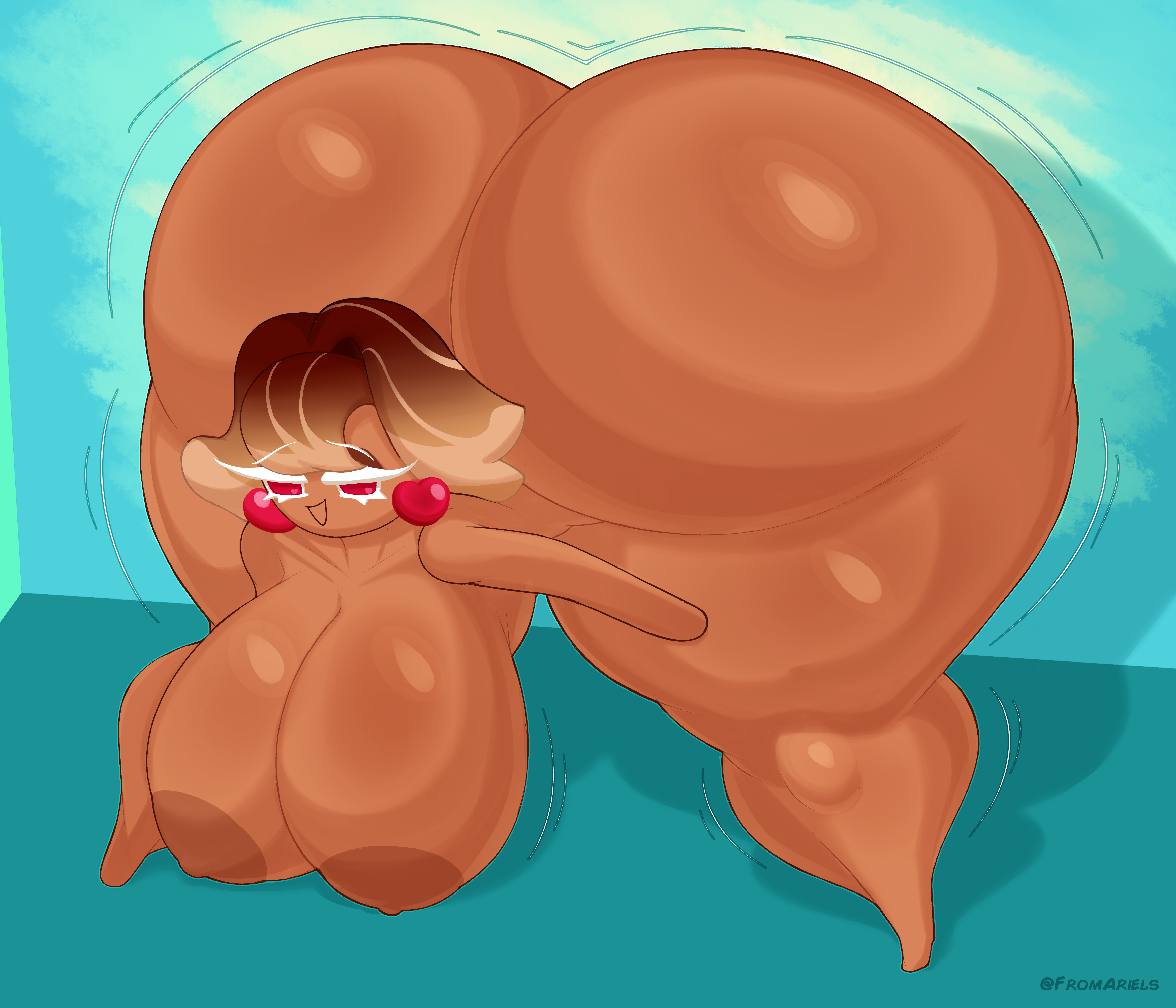 1girls, 2026, alternate version available, areolae, artist name, ass, ass bigger than head, ass focus, barefoot, bending over, breasts, breasts bigger than head, chocolate bonbon cookie, commission, commissioner upload, completely nude, completely nude female, cookie run, cookie run ovenbreak, dark-skinned female, earrings, female, female only, fromariels, full body, hanging breasts, huge breasts, hyper ass, jack-o pose, looking at viewer, motion lines, naked, naked female, nipples, nude, nude female, open mouth, open smile, shaking ass, shaking breasts, short hair, smile, solo, solo female, twitter username, voluptuous, voluptuous female