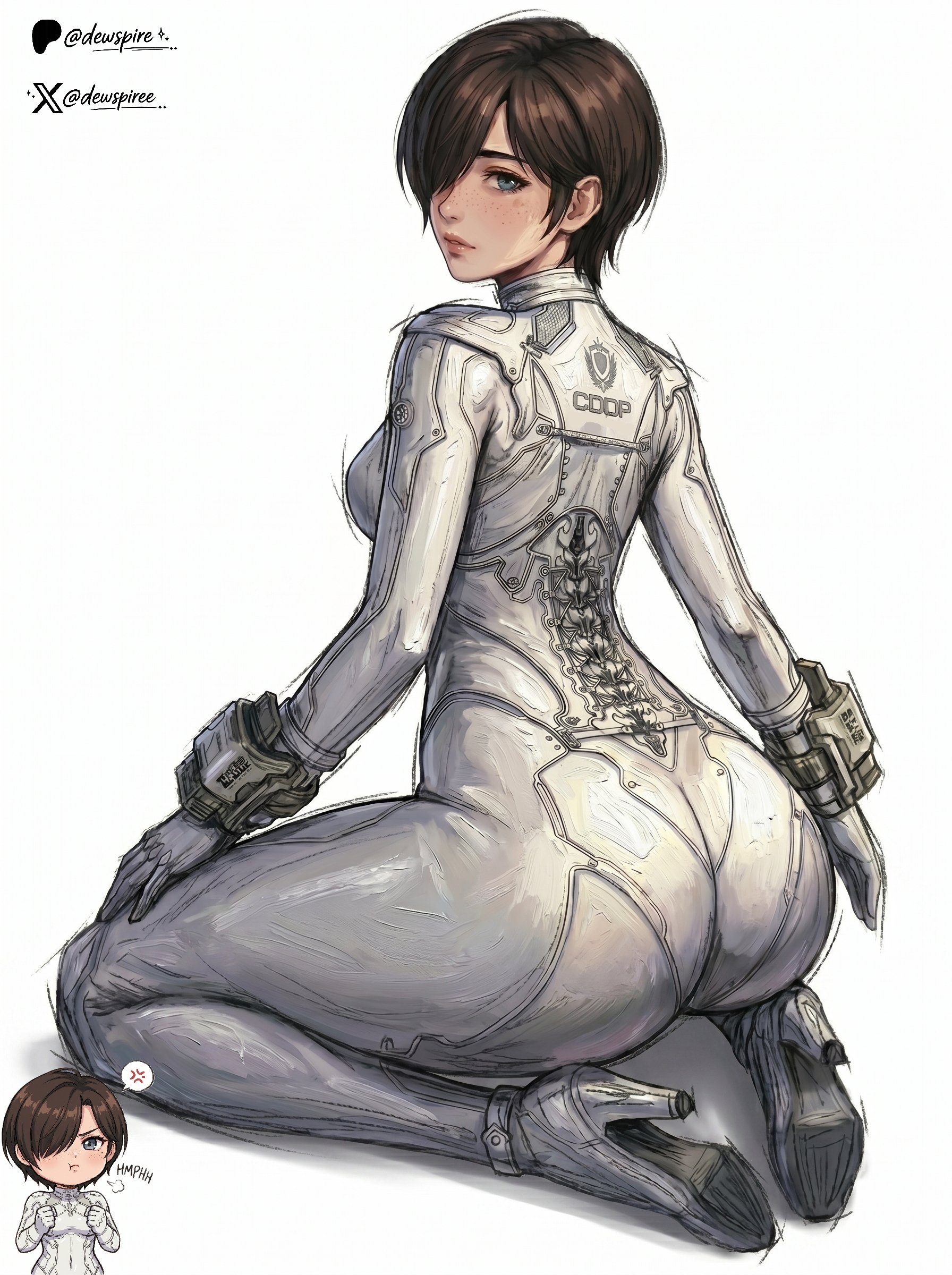 1girls, 2026, ass, big ass, big butt, blue eyes, bodysuit, brown hair, butt, color, colored, curvaceous, curvaceous body, curvaceous female, curvaceous figure, curvaceous hips, curvy, curvy body, curvy female, curvy figure, curvy hips, dewspire, evie (stellar blade), female, hips, huge ass, huge butt, large ass, large butt, light-skin, light-skinned female, looking at viewer, massive ass, massive butt, pinup, seductive, seductive look, seductive pose, shift up, short hair, skin tight, stellar blade, stellar blade: blood rain, thick, thick ass, thick butt, thick hips, thick thighs, tight clothes, tight clothing, voluptuous, voluptuous female, wide hips