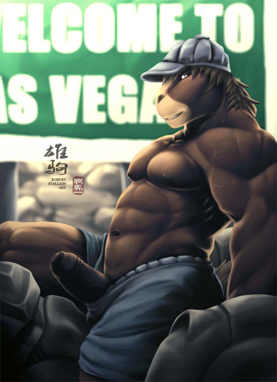 abs biceps big_muscles chinese_text clothing equine erection grin hat horse inviting male male_only mammal muscles pecs penis pose shorts sign sitting solo text uncut vein wmustang