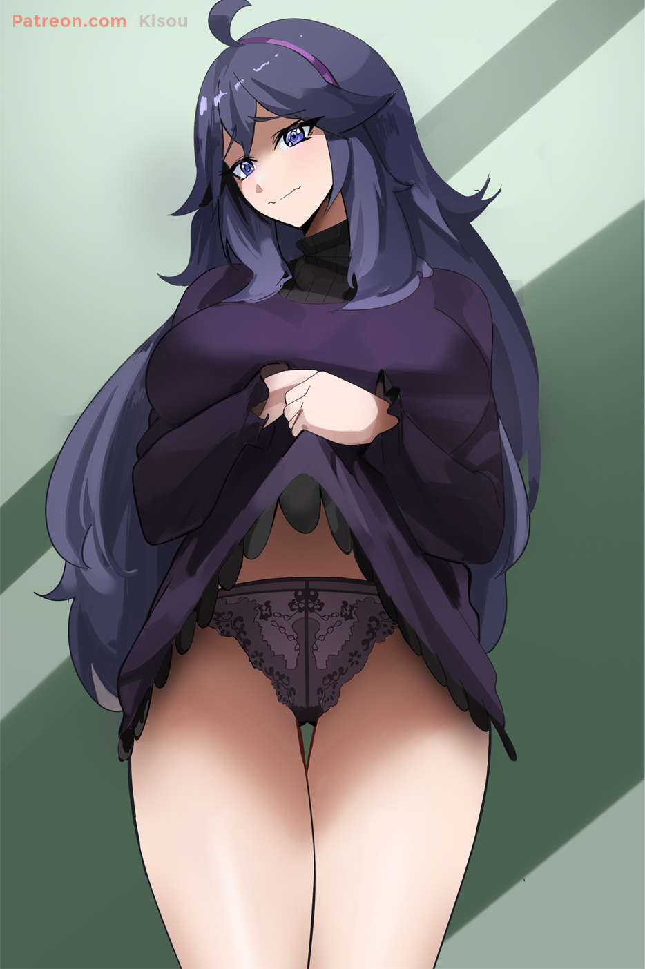 1girls, artist name, big breasts, blue eyes, breasts, dark blue hair, dark clothing, dark hair, dress, dress lift, dress up, eye contact, female, goth, hairband, hex maniac, hex maniac (pokemon xy), kisou, lace trim, lace-trimmed panties, lifting own clothes, light skin, light-skinned female, long dark hair, long hair, long purple hair, looking at viewer, nintendo, npc trainer, pale skin, pale-skinned female, panties, pokemon, pokemon xy, purple clothing, purple hair, self exposure, standing, thick thighs, thighs, underwear