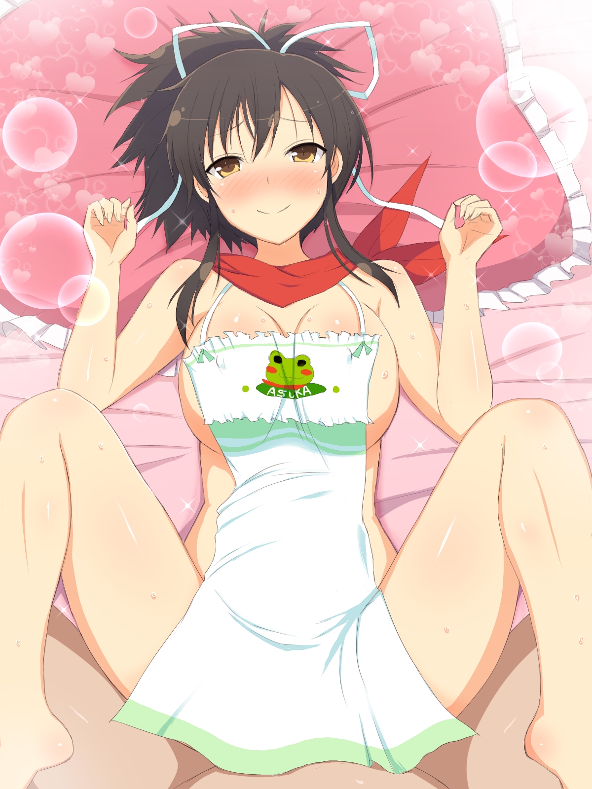apron, asuka (senran kagura), bed, blush, breasts, brown hair, female, implied sex, large breasts, lying, marvelous, senran kagura, senran kagura bon appétit!, senran kagura burst, sex, smile, spread legs, yaomai