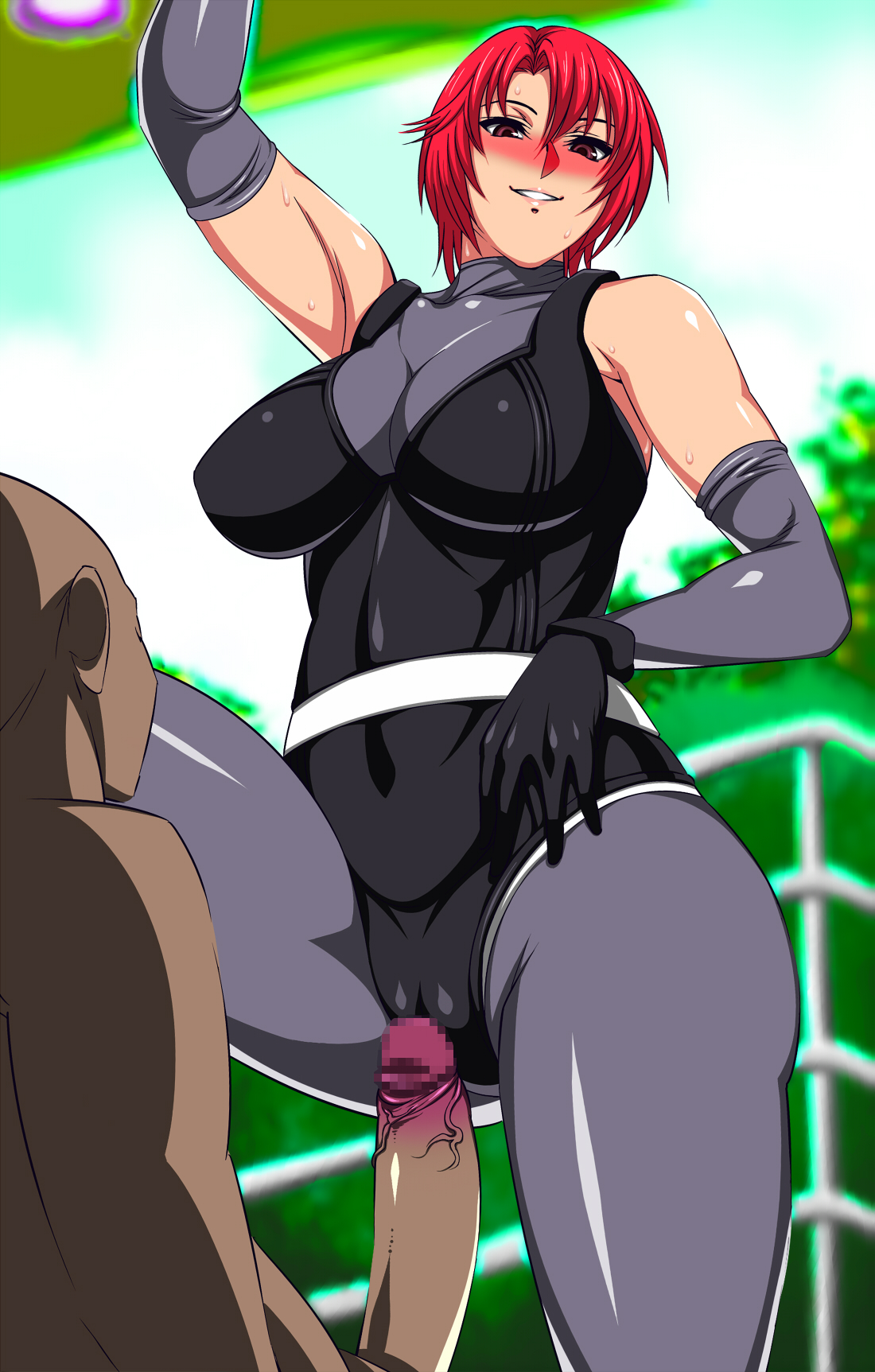 blush, bodysuit, breasts, cameltoe, capcom, censored, dark skin, dark-skinned male, dino crisis, faceless male, female, frottage, ginnyo, interracial, large breasts, leotard, male, outdoors, penis, pussy, red hair, regina (dino crisis), short hair, skin tight, veiny penis