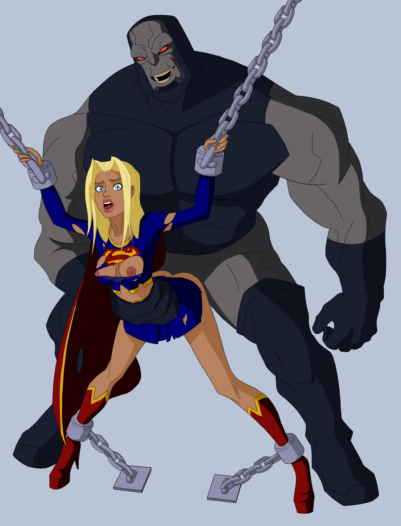 1girls, areola, blonde hair, blue eyes, bondage, breasts, darkseid, dc, dc comics, dcuaom, eyeliner, female, femsub, high heel boots, lipstick, makeup, monster, new gods, nipples, rape, supergirl, supergirl (superman/batman: apocalypse), superman (series), superman/batman: apocalypse