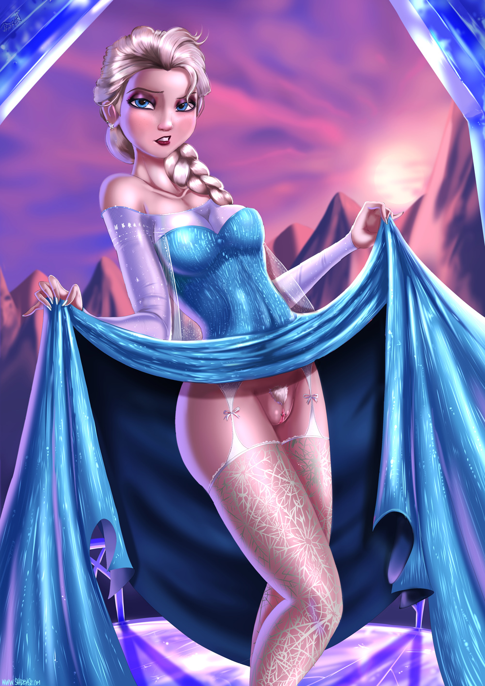 blonde hair, blue dress, blue eyes, braid, cleavage, clitoris, clitoris piercing, clothes, disney, dress, dress lift, earrings, elsa (frozen), erect clitoris, eyeshadow, female, female only, frozen (film), garter straps, genital piercing, human, no panties, piercing, presenting pussy, pubic hair, pussy, see-through, shadman, sheer, single braid, solo, standing, suspenders, thighhighs