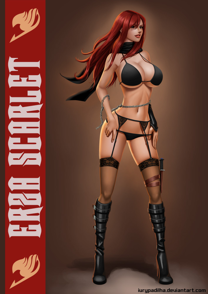 1girls, bikini top, black panties, boots, breasts, chains, character name, cleavage, erza scarlet, fairy tail, female, female only, garter, garter straps, holster, iury padilha, knife, large breasts, linea alba, long hair, navel, panties, red eyes, red hair, red-haired female, scarf, simple background, solo, standing, stockings, thighhighs, underwear, weapon