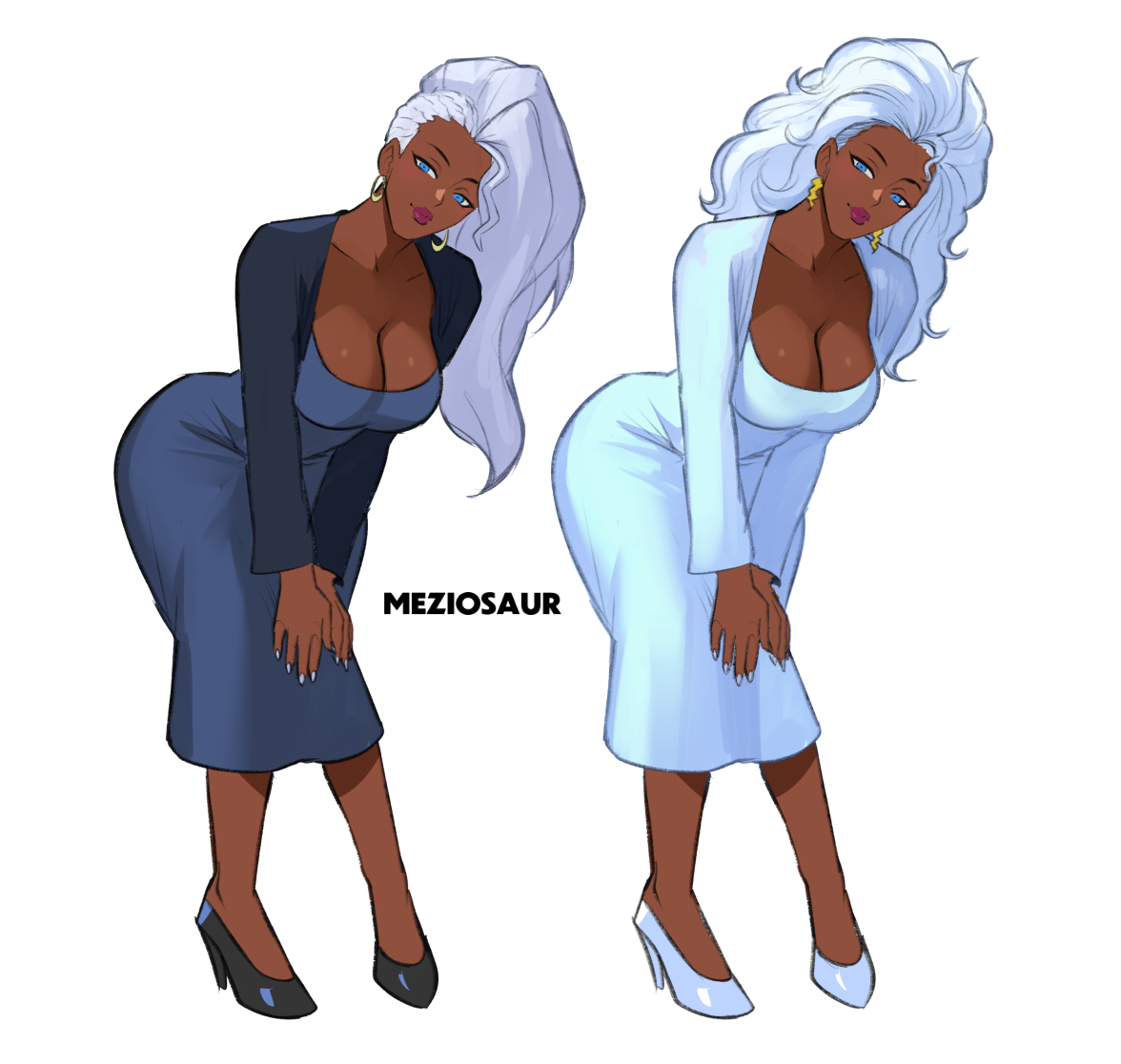 1girls, 2d, ass, black female, breasts, cleavage, clothed, clothed female, dark skin, dark-skinned female, female, female focus, female only, large ass, large breasts, looking at viewer, marvel, marvel comics, marvel rivals, meziosaur, ororo munroe, solo, storm (marvel rivals), storm (x-men), thighs, white background, x-men