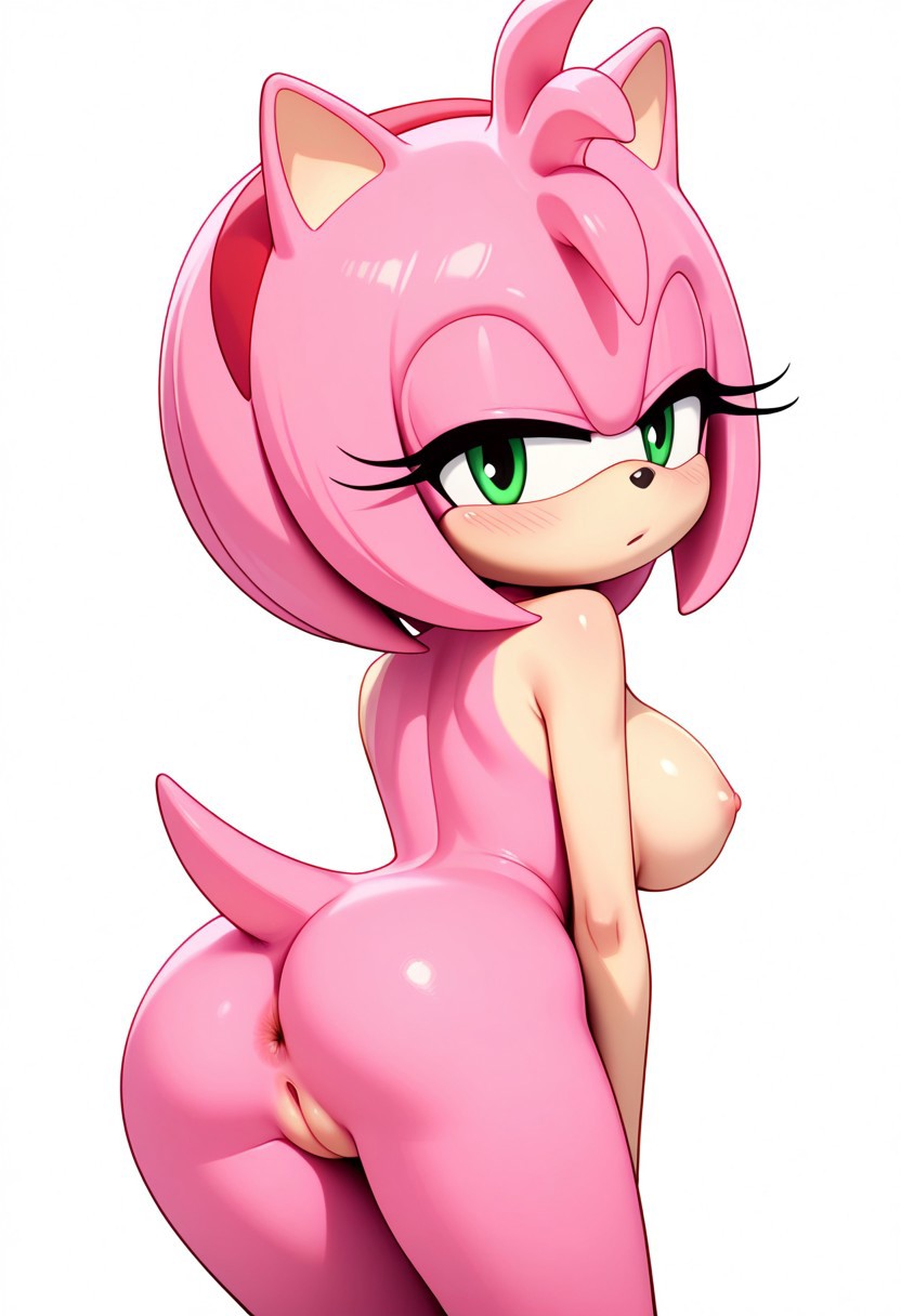 ai generated, amy rose, amy rose (boom), anus, civitai, female, looking at viewer, looking back, nude, pussy, sega, sonic (series), sonic the hedgehog (series), white background