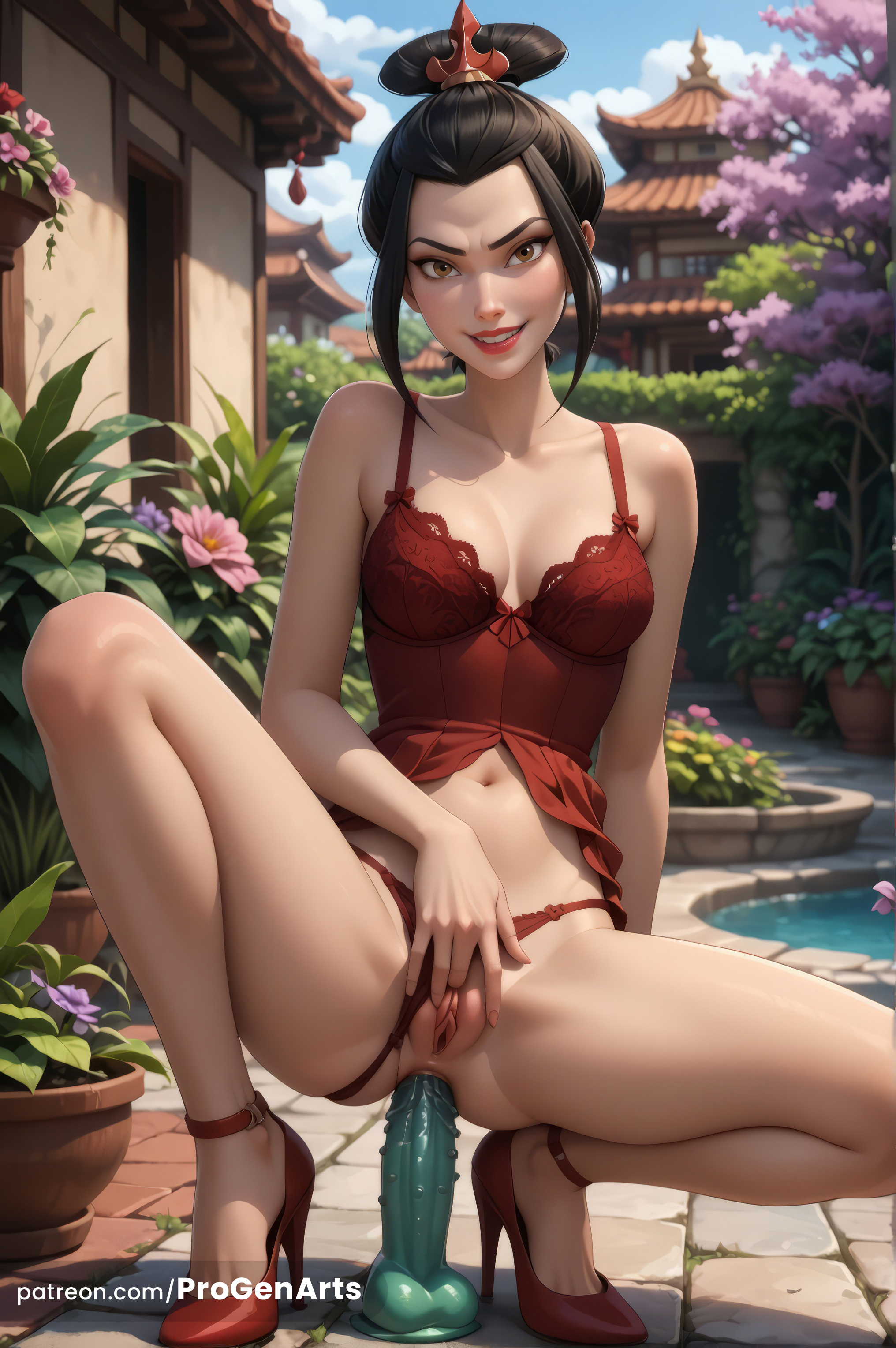 1girls, ai generated, anal, anal dildo, anal insertion, anal masturbation, anal object insertion, architecture, artist name, avatar legends, avatar the last airbender, azula, babydoll, bare shoulders, black hair, breasts, brown eyes, clothing aside, collarbone, day, dildo, dildo in ass, dildo insertion, dildo riding, east asian architecture, female, female masturbation, flower, full body, green dildo, gumroad username, hair ornament, hi res, high heels, huge dildo, lingerie, lips, looking at viewer, makeup, masturbation, medium breasts, navel, nickelodeon, nicktoons, nose, object insertion, outdoors, panties, panties aside, patreon logo, patreon username, plant, potted plant, progenarts, pussy, red footwear, red panties, riding dick, sex toy, sky, smile, solo, spread legs, squatting, squatting on dildo, studded dildo, uncensored, underwear, watermark, web address