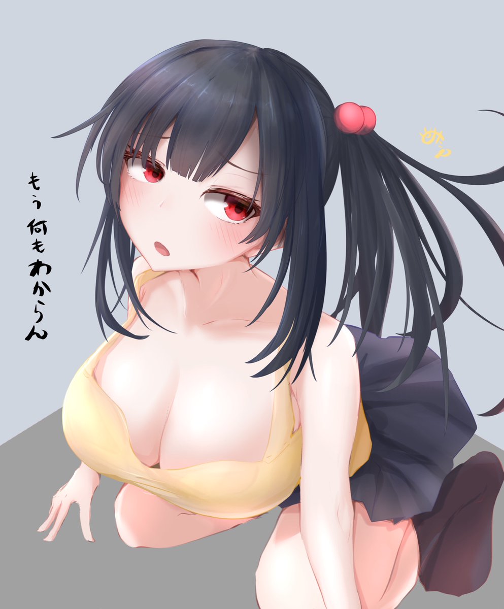 1girls ankle_socks anklehighs bangs big_breasts black_hair black_socks blush breasts cleavage collarbone female female_only from_above huge_breasts kneeling large_breasts long_hair looking_away metae original original_character red_eyes shirt simple_background skirt socks solo