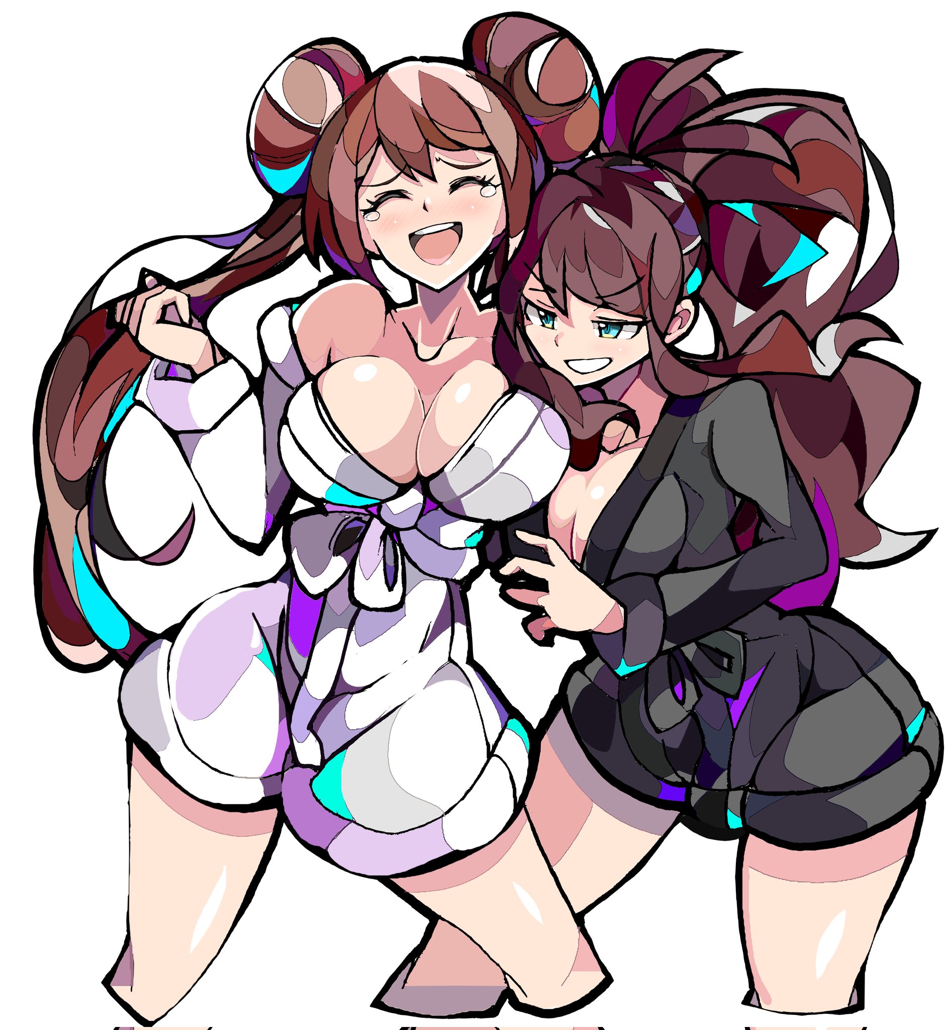 2girls, big breasts, breasts, cleavage, clothed, clothing, creatures (company), enpe, female, female only, fully clothed, game freak, hilda (pokemon), nintendo, pokemon, rosa (pokemon), tickling, yuri
