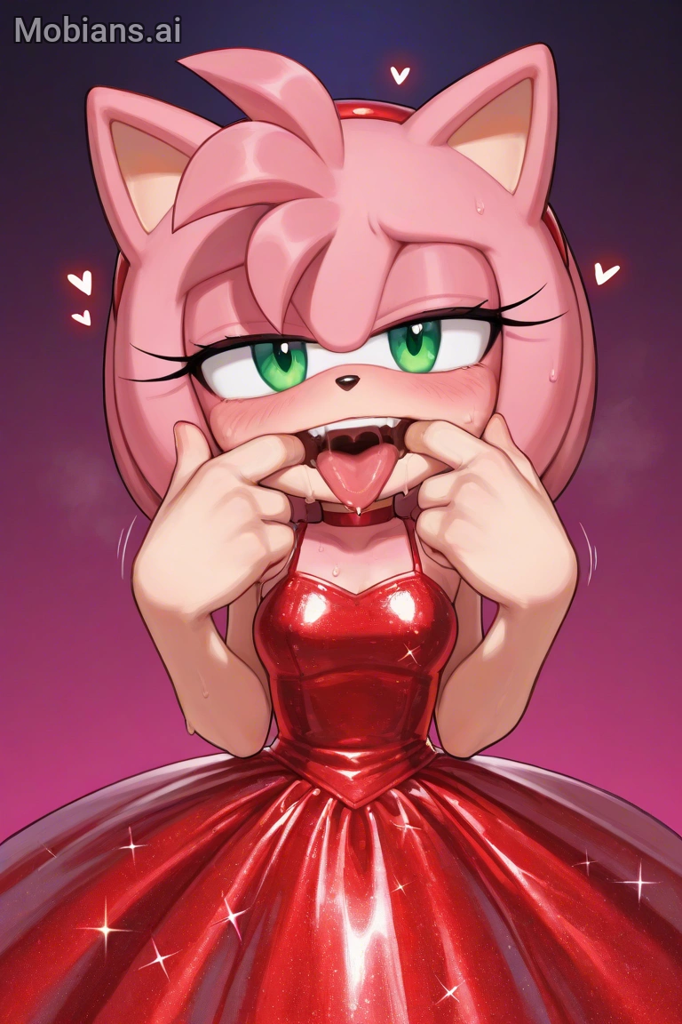 ai_generated amy_rose animal_ears black_nose blush canines choker dress drooling eyelashes female_only fishhooking furry green_eyes hair_tuft headband hearts hedgehog_girl horny horny_female mobian mobians.ai mouthplay pink_body pink_hair red_dress sega shiny_dress solo sonic_(series) sonic_the_hedgehog_(series) sparkly_dress teeth tongue_out white_skin