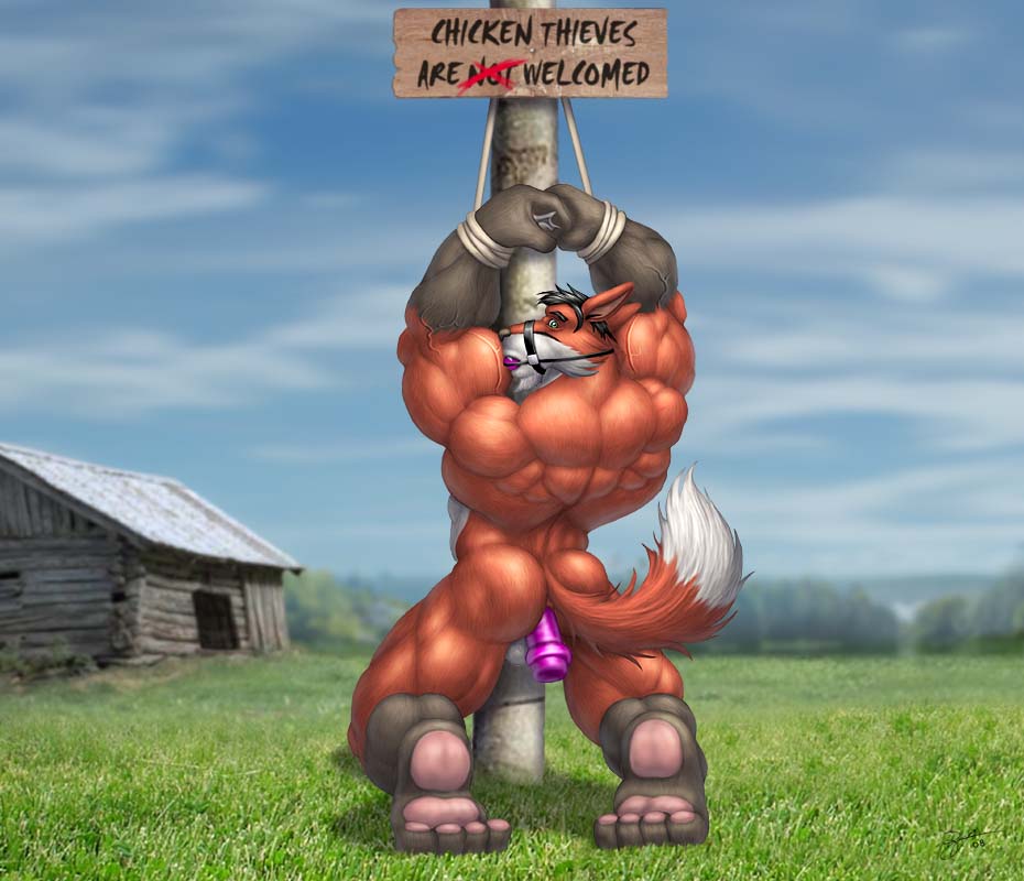 anal anal_insertion anal_sex anthro back_view ball_gag big_muscles bondage bound braford canine color day dildo fox fur furry gag grass house huge_muscles insertion kneeling male male_only mammal muscles outdoors paws penetration rope sex_toy sky solo text vein