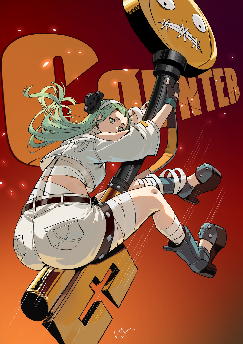 1girls 2d 2d_(artwork) 2d_artwork a.b.a ass ass_focus background_text bandage bandaged_neck bandages belt belt_on_leg belts big_ass blue_shoes eyebags eyebrows eyes female female female_focus fingerless_gloves fully_clothed giant_key gloves gradient_background green_eyes green_hair guilty_gear guilty_gear_strive hairband headband high_heels highres holding_key holding_object key key_in_head keyblade large_ass liangjushuang light-skinned_female light_skin long_hair loose_bandages loose_clothes object_through_head orange_text pants paracelsus pockets shoes shorts shoulders simple_background stitched_mouth text text_in_background white_clothing white_headband white_pants white_shirt white_shorts white_skin white_skinned_female