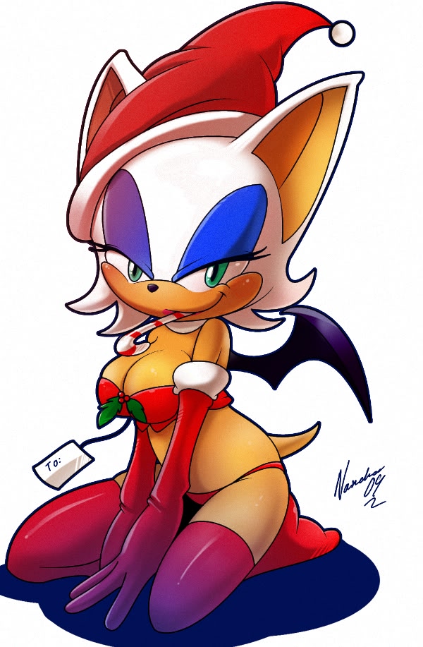 2009 bat bra breasts christmas cleavage female gloves green_eyes hair half-closed_eyes hat holidays kneeling nancher panties rouge_the_bat santa_hat seductive sega solo sonic_(series) sonic_the_hedgehog_(series) stockings underwear white_hair wings