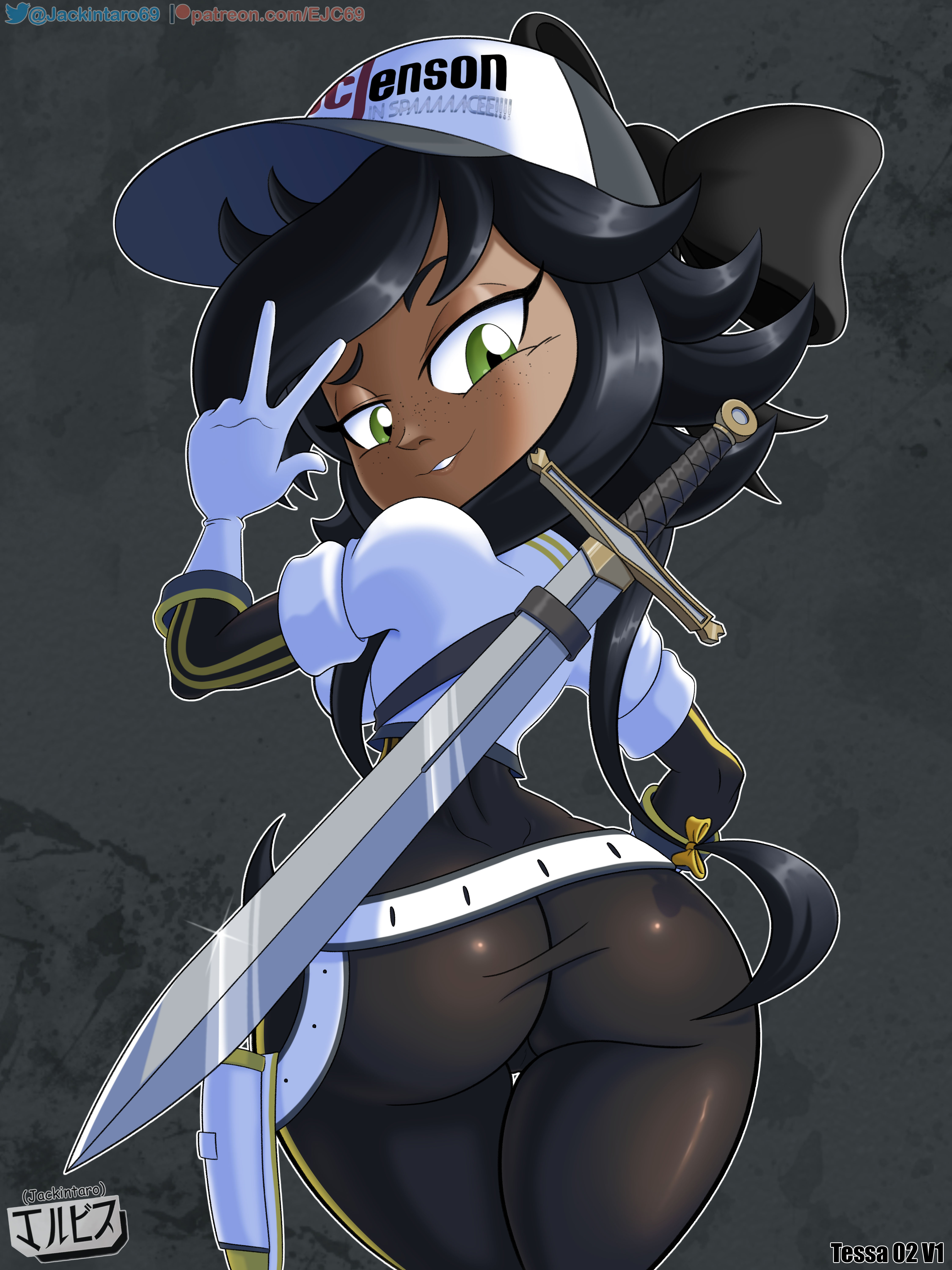 ass, ass focus, black hair, cap, clothed, clothing, dark skin, digital drawing (artwork), digital media (artwork), fanart, female, female only, freckles, glitch productions, gloves, green eyes, hat, human, jackintaro, looking at viewer, looking back, murder drones, ribbon, ribbons, simple background, smile, sword, tessa elliot, tessa elliot (space suit)