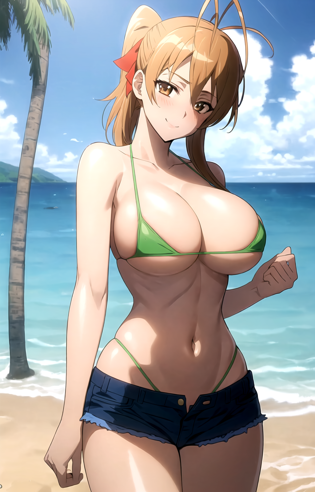 1girl ahoge ai_generated antenna_hair bare_arms bare_shoulders beach bikini bikini_under_clothes blue_shorts blue_sky blush breasts brown_eyes brown_hair cleavage clenched_hand closed_mouth cloud collarbone cowboy_shot cutoffs day denim denim_shorts female green_bikini groin hair_between_eyes hair_ribbon hand_up highleg highleg_bikini highschool_of_the_dead horizon large_breasts long_hair looking_at_viewer micro_bikini micro_shorts navel ocean open_fly outdoors palm_tree pixiv ponytail red_ribbon rei_miyamoto rena_aikawa_(pixiv_user) ribbon sand shore short_shorts shorts sidelocks skindentation sky smile solo stable_diffusion standing stomach strap_gap string_bikini swimsuit tagme thighs tree underboob water