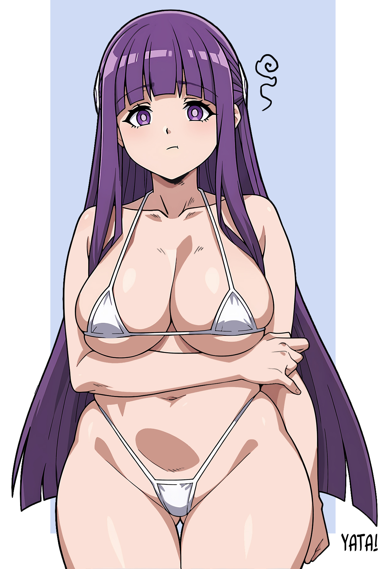 1girls, bikini, breasts, female, female only, fern (sousou no frieren), large breasts, light skin, light-skinned female, looking at viewer, purple eyes, purple hair, solo, sousou no frieren, thick thighs, thighs, wide hips, yatagarasupen