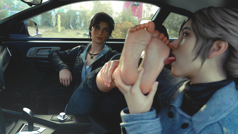 ana foot_fetish inside_car lara_croft licking_foot yuri