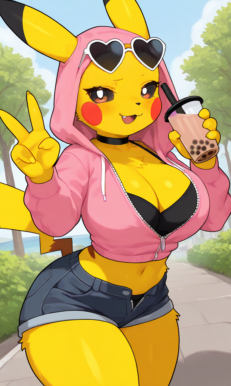 ai_generated furry gyaru heart_shaped_sunglasses holding_object jean_shorts midriff peace_sign pikachu pink_hoodie pokemon pokemon_(species) unbuttoned_shorts