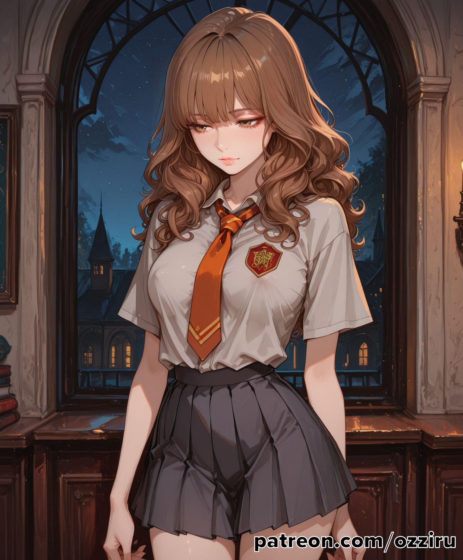 absurd res, ai generated, brown hair, curly hair, female, female focus, harry potter, hermione granger, hi res, highres, hogwarts, long hair, ozz1ru, ozziru, patreon, school, school uniform, schoolgirl, self upload, solo, standing, teenage female, teenager, uncensored