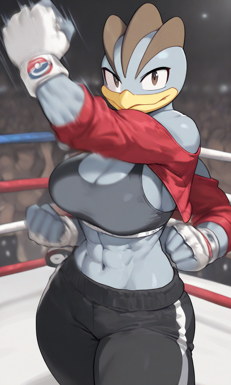 abs ai_generated female machamp mma_gloves monster_girl multi_arm multi_limb pokemon pokemon_(species) shoulderless_jacket sports_bra track_pants