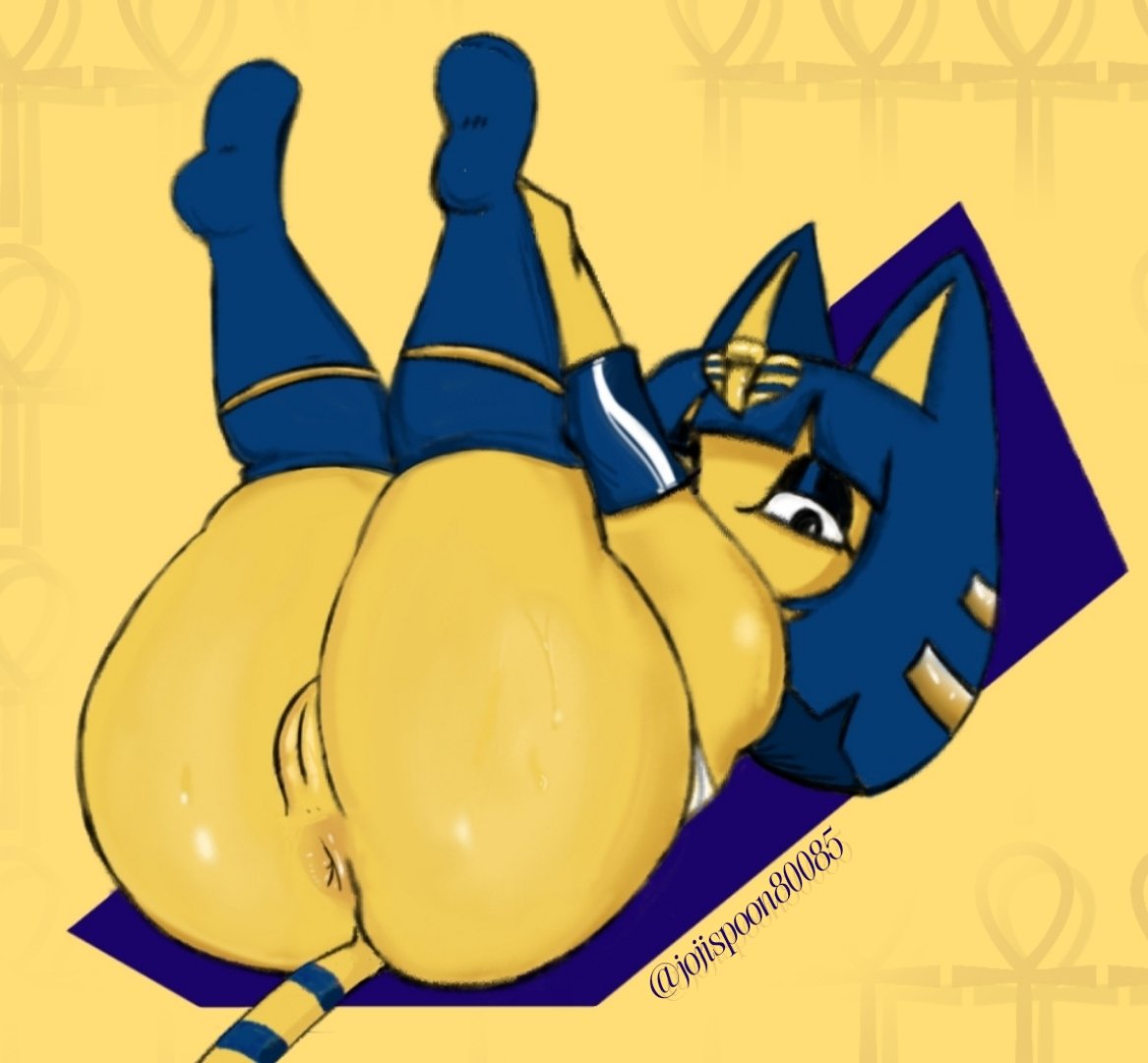 animal_crossing ankha_(animal_crossing) anthro anus ass bodily_fluids bottomless clothed clothing egyptian felid feline female fur genitals jojispoon44 legs_up long_socks looking_at_viewer mammal nintendo partially_clothed presenting presenting_hindquarters pussy short_stack solo sweat sweaty_butt tail yellow_body yellow_fur