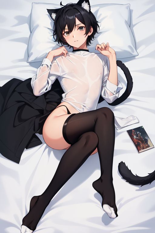 ai_generated black_hair cat_ears cat_hybrid catboy cuntboy male transgender_male twink