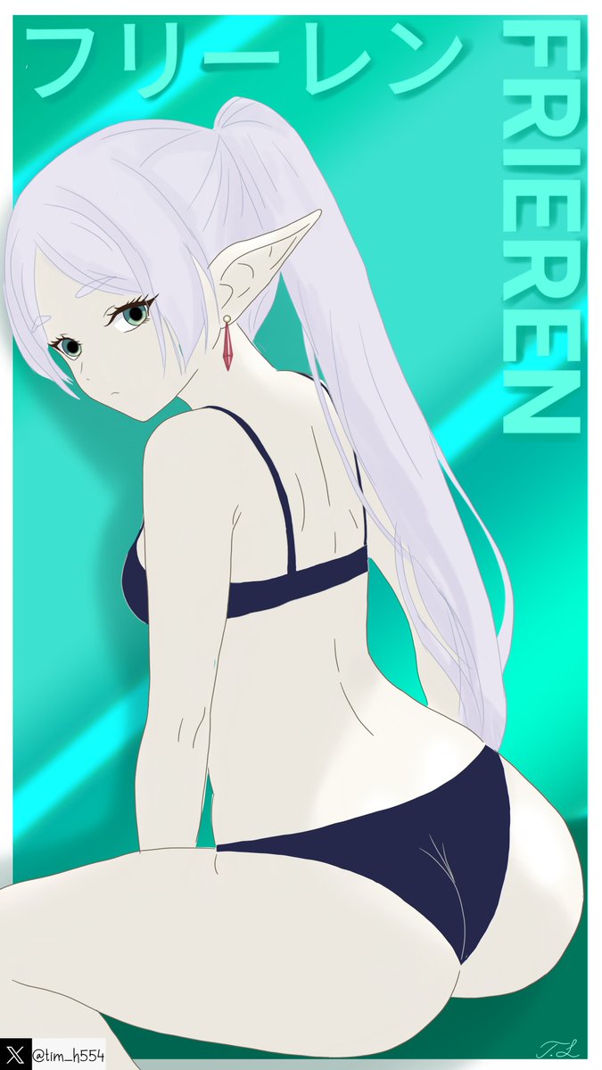 ass ass ass_focus background behind_view bra earrings elf elf_ears elf_female frieren frieren_beyond_journey's_end green_eyes japanese_text long_hair looking_back panties silver_hair tagme tim_heyderich title underwear