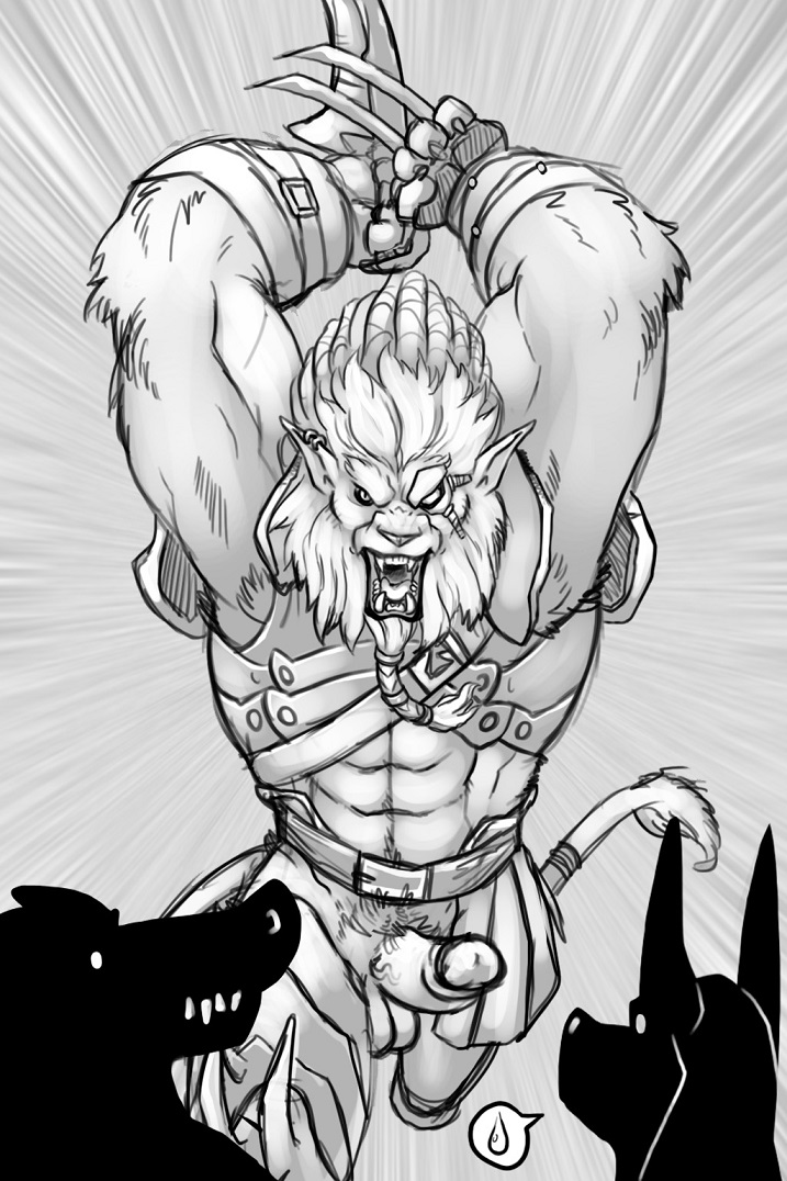 2014 abs anthro anubian_jackal armor armpit_hair armpits badcoyote balls biceps big_penis brothers canine claws crocodile erection fangs feline fur furry furry_only gay greyscale hair interspecies jackal league_of_legends lion male male_only mammal monochrome multiple_males muscles nasus open_mouth penis renekton rengar reptile riot_games scalie sibling toned weapon white_lion