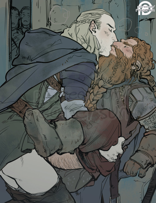 2boys anal_sex armor bara barazoku beard blonde_hair blush blushing_male boots breath_cloud cloak clothed clothed_sex dwarf dwarf_male elf elf_male gay gay_sex gimli grabbing_waist hairy j._r._r._tolkien kissing kissing_while_penetrated kissing_while_penetrating legolas long_hair long_hair_male lord_of_the_rings male missionary_position pants_partially_removed pants_pulled_down penetration pointy_ears reapersun red_hair rednoonsun walking_in_on yaoi