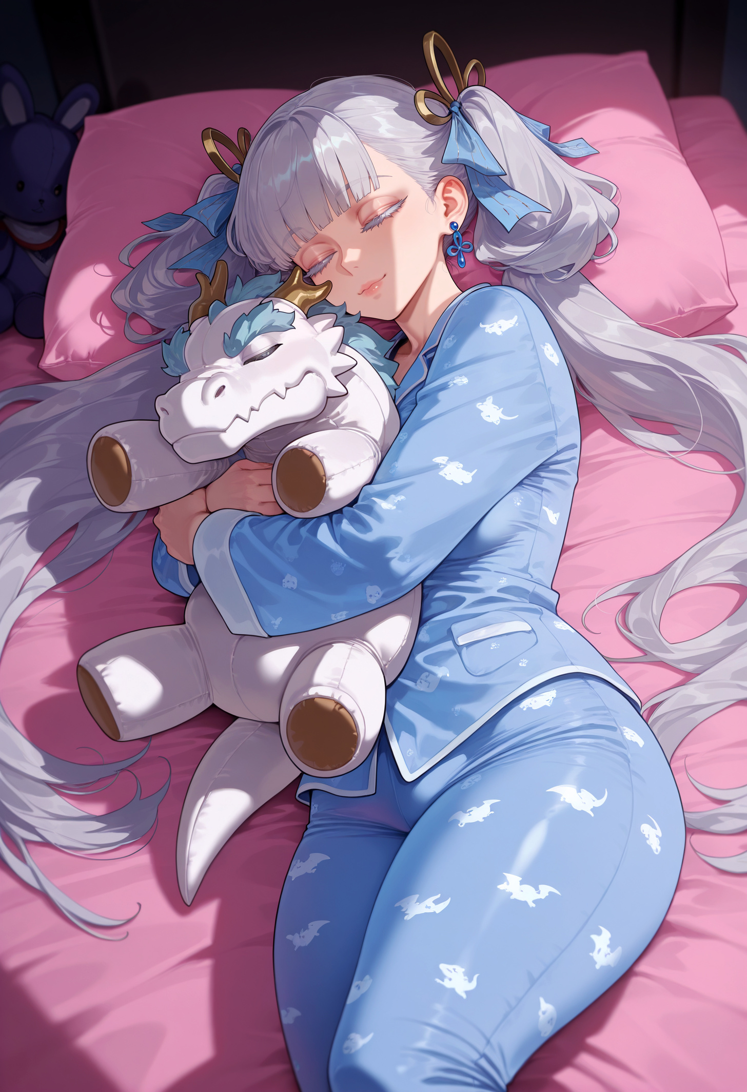 ai generated, animal print, balecxi, blue ribbon, blue shirt, breasts, closed eyes, closed mouth, colored eyelashes, earrings, female, grey hair, hair ribbon, hair rings, hugging doll, hugging object, jewelry, jinhsi (wuthering waves), long hair, long sleeves, lying, pajamas, pillow, sleeping, smile, solo, stuffed animal, stuffed toy, thighs, twintails, wuthering waves