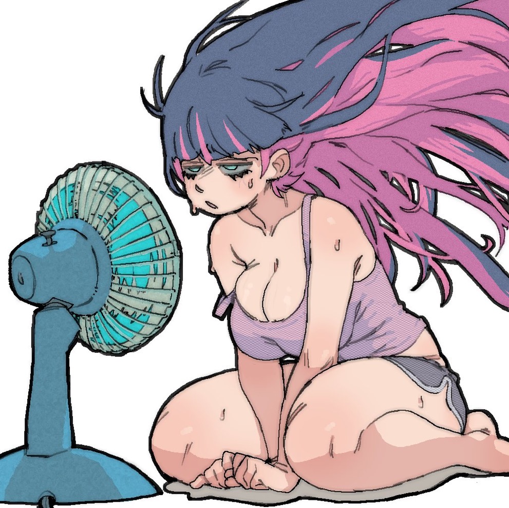 1girls, amlogamer, bangs, big breasts, blue eyes, blush, boob spillage, breast overflow, breasts, busty, chubby, chubby female, cleavage, cooling off, cyan eyes, dolphin shorts, electric fan, fan, female, female focus, female only, hair blowing, hair down, hands between legs, hotpants, large breasts, light skin, light-skinned female, lowres, on floor, on knees, overflowing breasts, panties visible through clothing, pantsu, pantsu ripper, panty & stocking with garterbelt, panty peek, pink hair, purple hair, red cheeks, red knees, short shorts, shorts, solo, stocking anarchy, strap slip, sweat, tagme, tank top, tired expression, tired eyes, tired look, two-tone hair, underwear, underwear peek, wind