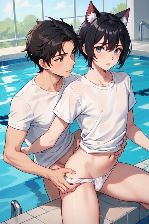 2boys ai_generated black_hair cat_ears cat_hybrid catboy cuntboy intersex male pool public swimming_pool trans trans_man transgender transgender_male twink