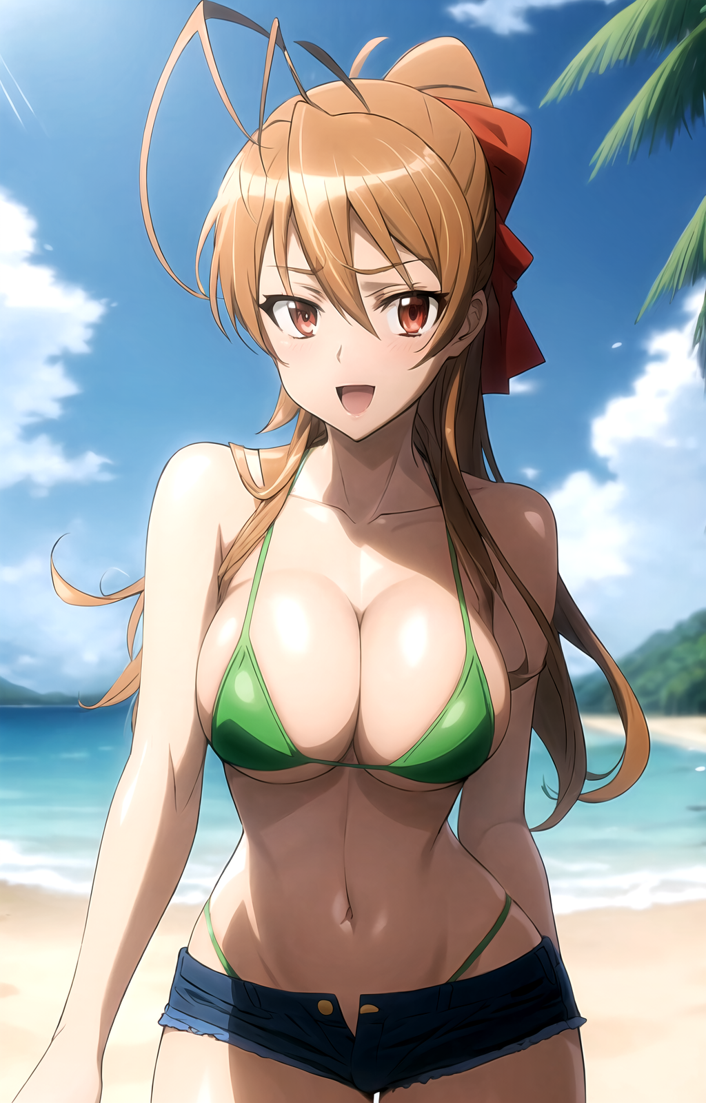 1girl :d ahoge ai_generated antenna_hair bare_arms bare_shoulders beach bikini bikini_under_clothes blue_shorts blue_sky blush bow breasts brown_eyes brown_hair cleavage cloud collarbone cowboy_shot day denim denim_shorts female green_bikini hair_between_eyes hair_ribbon hairbow high_ponytail highleg highleg_bikini highschool_of_the_dead horizon large_breasts long_hair looking_at_viewer micro_shorts navel no_shirt ocean open_fly open_mouth outdoors palm_tree pixiv ponytail red_bow red_eyes red_ribbon rei_miyamoto rena_aikawa_(pixiv_user) ribbon sand short_shorts shorts skindentation sky smile solo stable_diffusion standing stomach string_bikini sunlight swimsuit tagme thigh_gap thighs tree unbuttoned underboob water