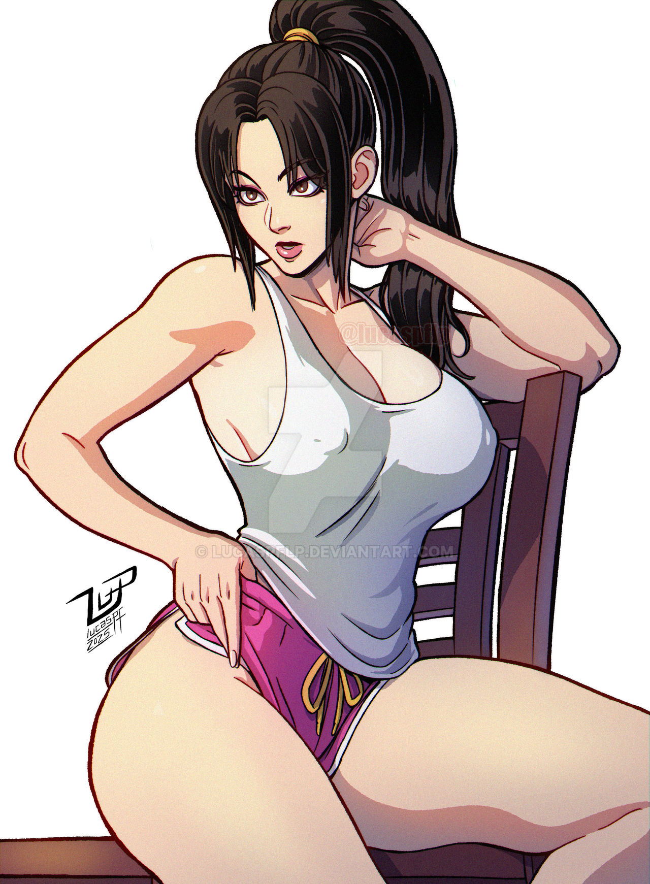 1girls, alternate costume, ass hanging out of shorts, bangs, bare shoulders, big breasts, black hair, breasts, brown eyes, brown hair, casual, chair, cleavage, clothing, covered nipples, dolphin shorts, fatal fury, female, female only, high ponytail, large breasts, lips, long hair, lucaspflp, mai shiranui, mai shiranui (casual), makeup, nipples visible through clothing, no bra, parted lips, ponytail, pulling shorts, purple shorts, shirt, short shorts, shorts, sidelocks, sitting, snk, solo, tank top, thick thighs, thighs, watermark, white tank top