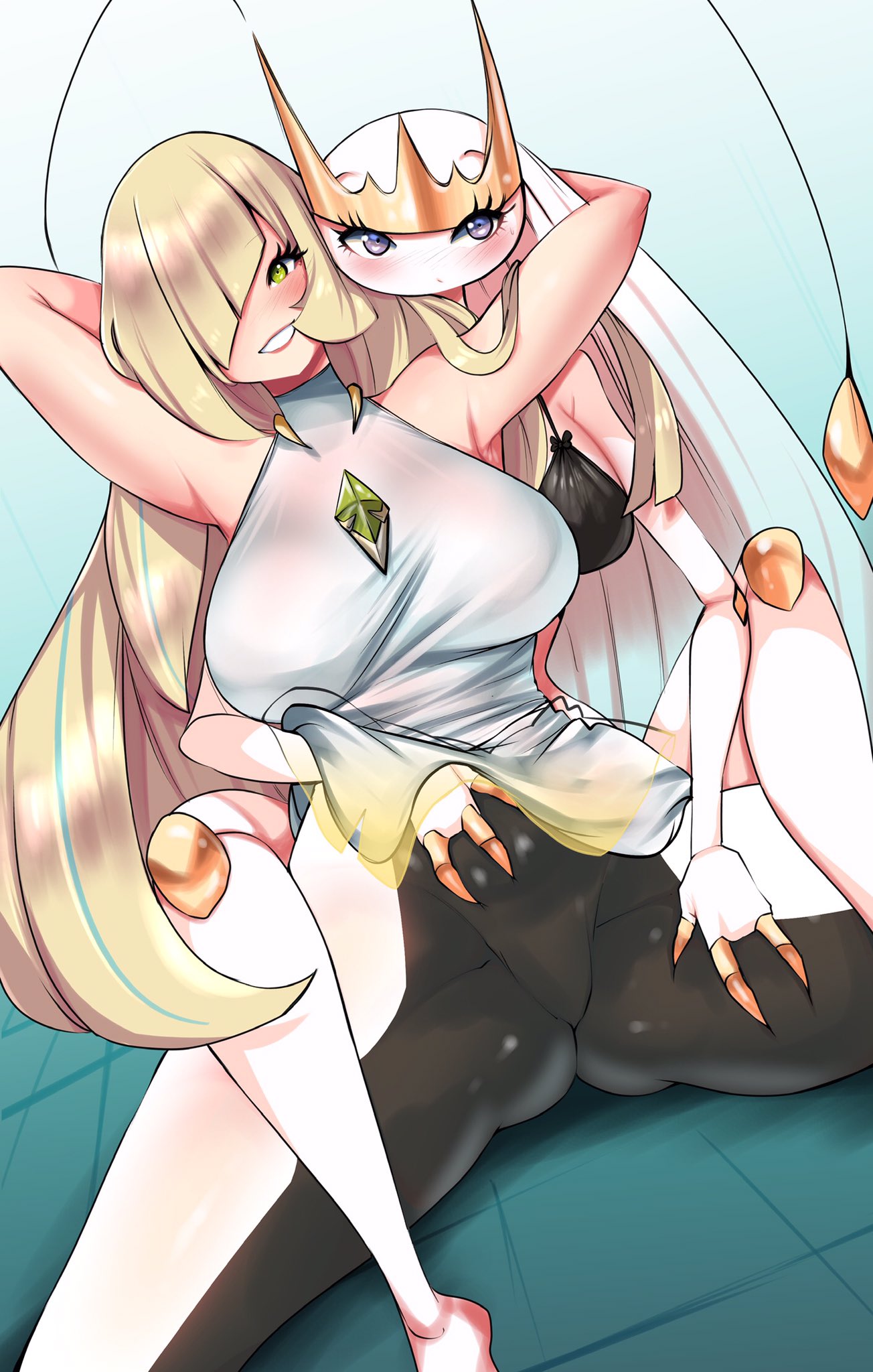 2girls, aqua hair, armpits, arms up, bikini, bikini top only, black bikini, blonde hair, blush, closed mouth, creature, female, female only, furry, furry female, furry with non-furry, gem, green eyes, hair over one eye, highres, interspecies, kenron toqueen, long eyelashes, long hair, lusamine (pokemon), multicolored hair, nintendo, parted lips, pheromosa, pokemon, pokemon (species), pokemon sm, pokephilia, purple eyes, see-through clothes, smile, spread legs, swimsuit, turtleneck, ultra beast, yuri