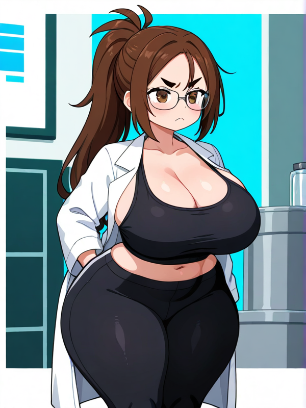 angry brown_eyes brown_hair female female jenn_the_scientist large_ass large_breasts long_hair original_character ponytail thick_thighs wide_hips