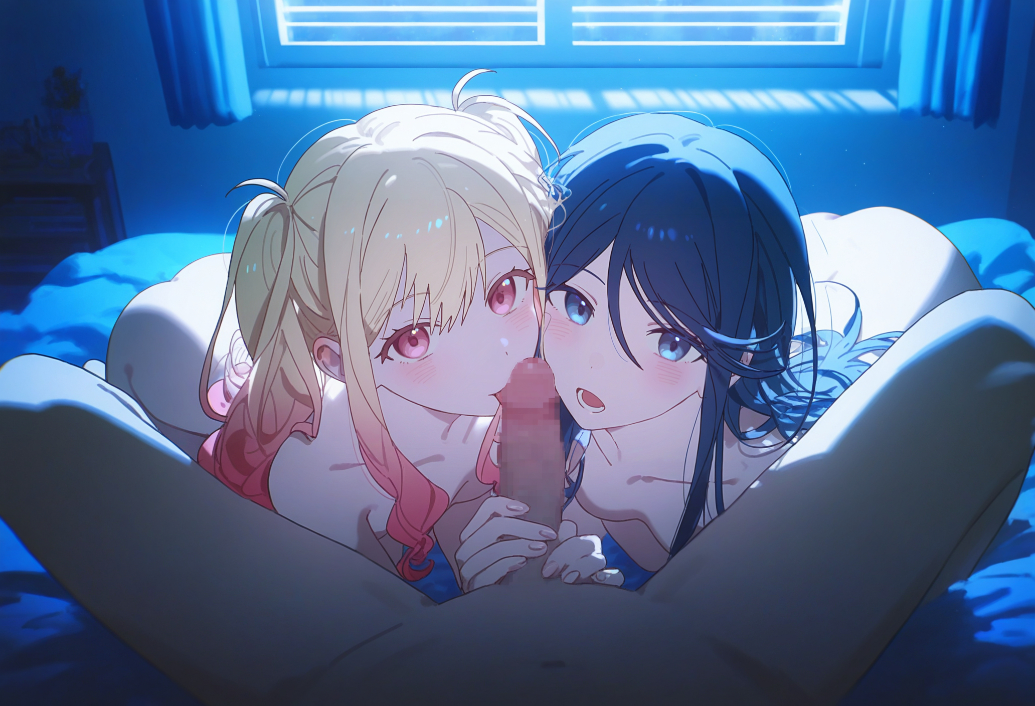 1boy, 2girls, ai generated, double fellatio, female, ffm threesome, hoshino ichika (project sekai), incest, male, project sekai, tenma saki, tenma tsukasa