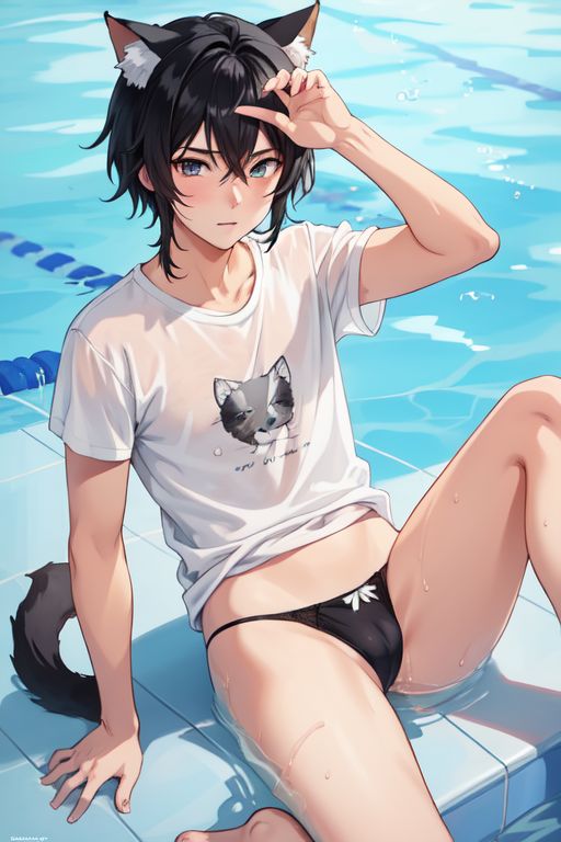 ai_generated black_hair cat_ears cat_hybrid catboy cuntboy intersex male pool swimming_pool trans trans_man transgender transgender_male twink wet