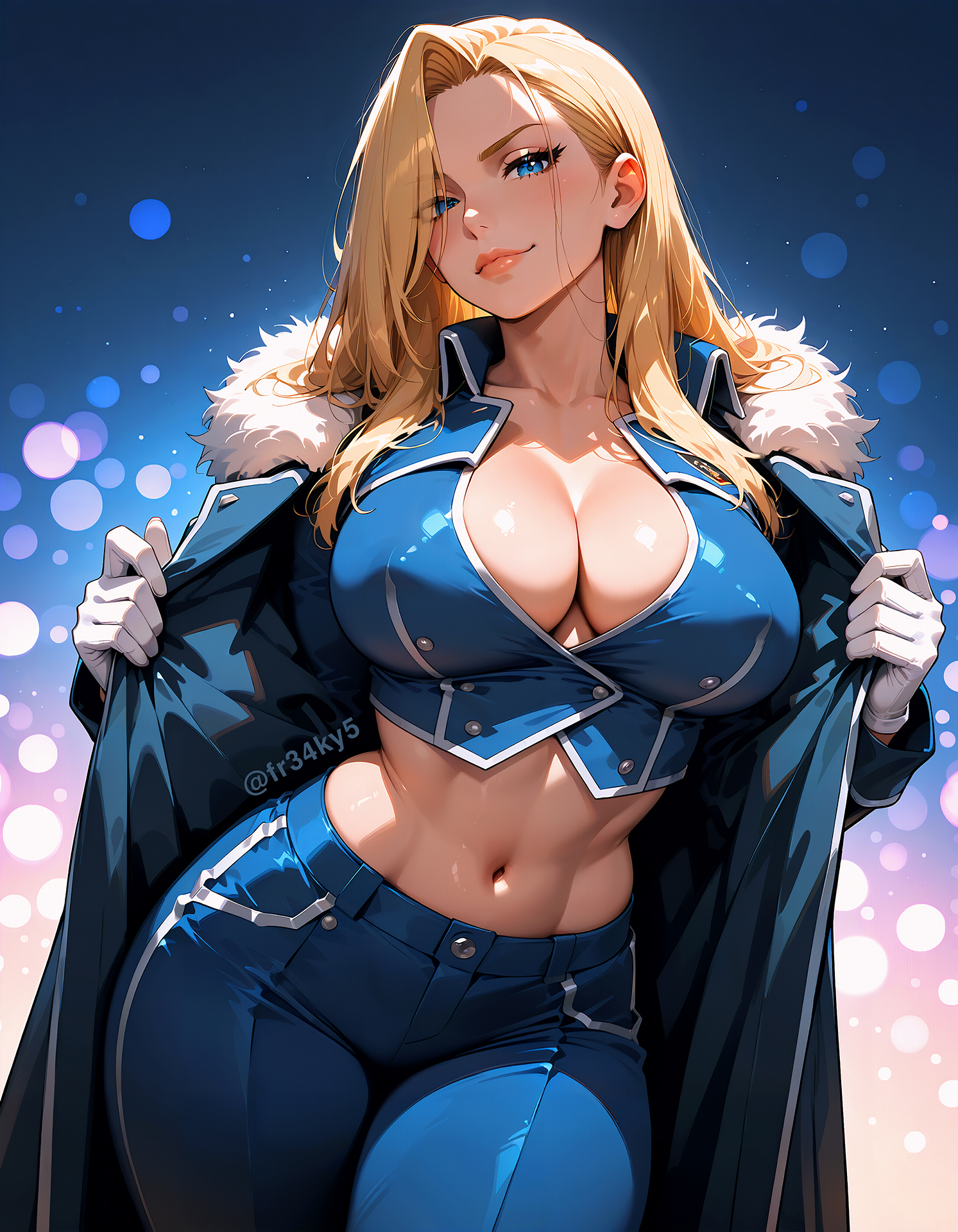 ai generated, breasts, cleavage, female, fr34ky, fullmetal alchemist, hair covering eye, huge breasts, military uniform, olivier mira armstrong