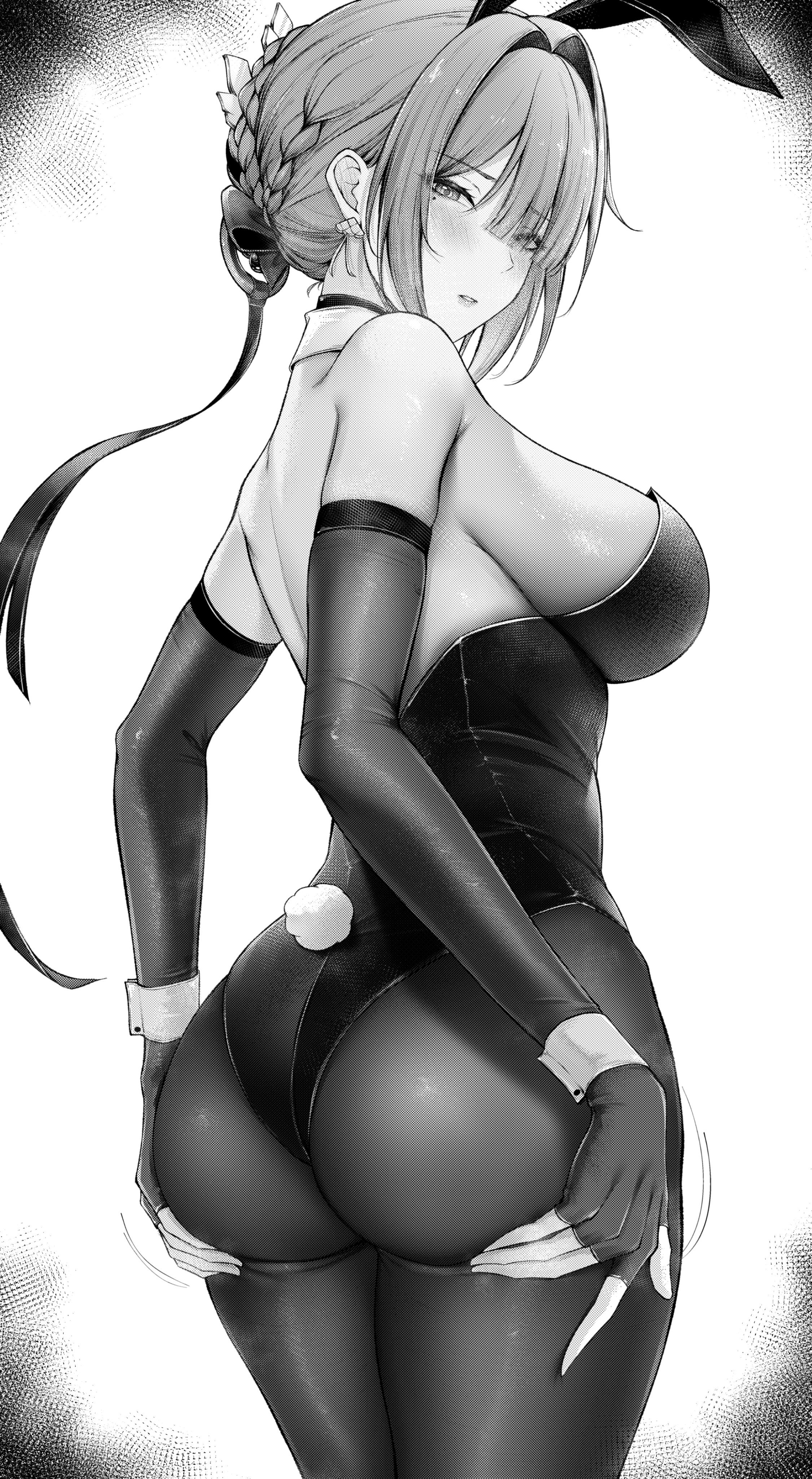 1girls, absurdres, aisutei, alternate costume, animal ears, armpit crease, ass, ass support, back, bare shoulders, blush, braid, braided bun, breasts, commentary, earrings, elbow gloves, english commentary, evelyn chevalier, fake animal ears, fake tail, female, female only, fingerless gloves, from behind, gloves, greyscale, hair bun, hair intakes, highres, jewelry, large breasts, leotard, long ribbon, looking at viewer, looking back, median furrow, mole, mole under eye, monochrome, pantyhose, parted lips, rabbit ears, rabbit tail, ring hair ornament, short hair, solo, tail, wrist cuffs, zenless zone zero