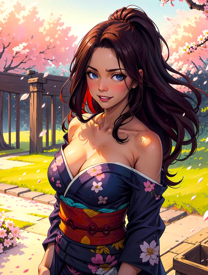 1girls ai_generated anime arczisan babe beautiful beautiful_background beautiful_females big_breasts birthday_gift brown_hair busty_female cana_alberona cherry_blossoms cleavage curvy_figure digital_media_(artwork) dress elegant fairy_tail female_only floral_print floral_print_kimono flowers garden japanese_clothes kimono long_hair_female looking_at_viewer magic magical_girl off_shoulder off_shoulder_kimono romantic_ambiance smile spring stable_diffusion sultry_gaze tree waifu_diffusion witch