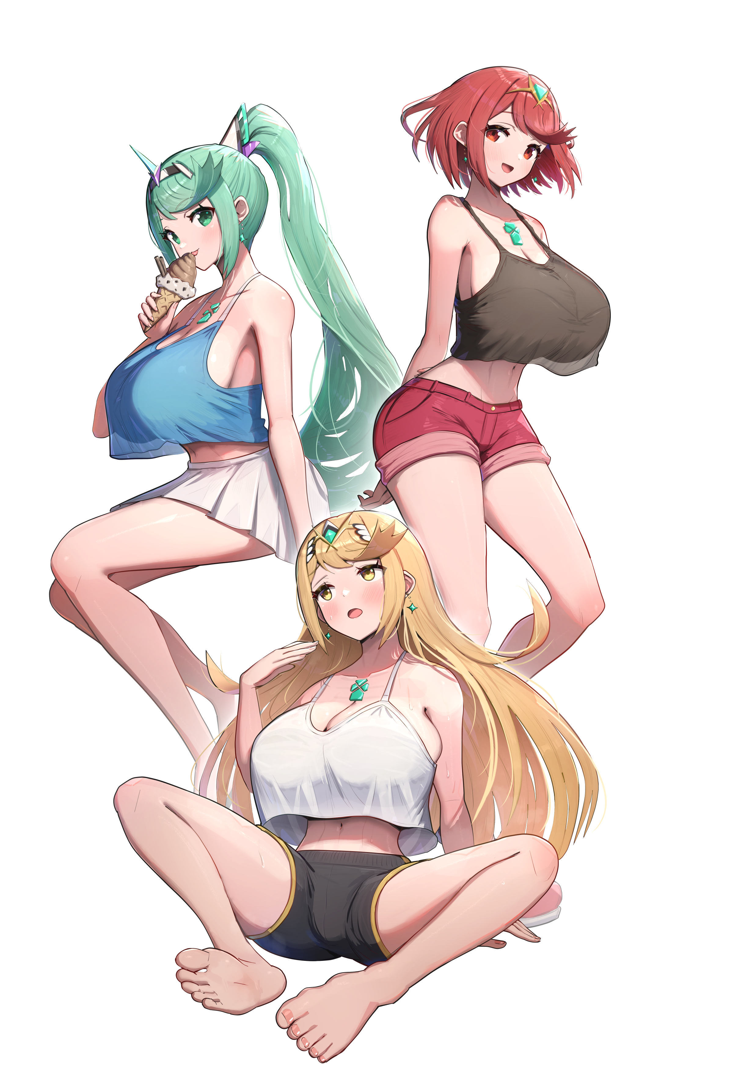 3girls, absurdres, alternate costume, barefoot, blonde hair, breasts, female, female only, gonzarez, highres, large breasts, multiple females, multiple girls, mythra, mythra (xenoblade), pneuma (xenoblade), pyra, pyra (xenoblade), red eyes, red hair, xenoblade chronicles (series), xenoblade chronicles 2