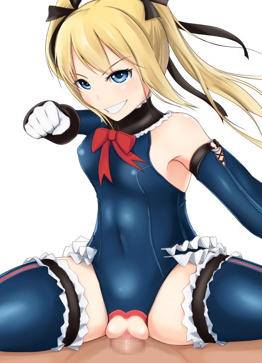 1boy 1girls blonde_hair blue_eyes blue_legwear censored cowgirl_position dead_or_alive dead_or_alive_5 detached_sleeves fat_mons female female_on_top frilled_legwear frilled_leotard frills gloves grin hair_ribbon incoming_punch leotard light-skinned_female long_hair looking_at_viewer marie_rose marie_rose_(devilish_servant_against_the_splashing_waves) mosaic_censoring one-piece_swimsuit penis petite pussy ribbon sex small_breasts smile straddle swimsuit teenage_girl teenager thighhighs thighs tied_hair tsuyurijuu twintails vaginal_penetration white_gloves