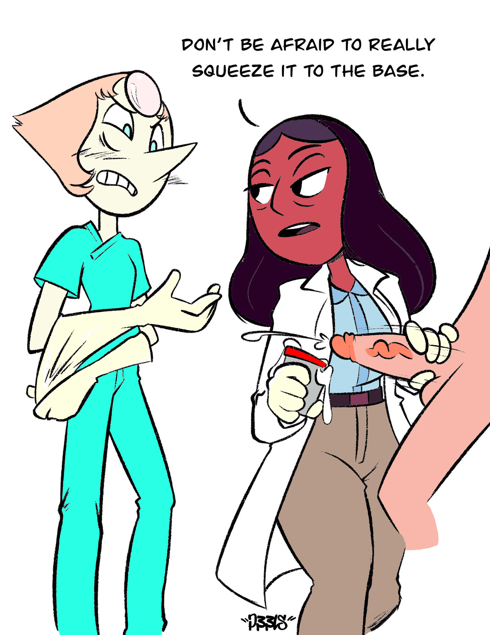 adjusting gloves, cum, cumshot, cup, disgusted, doctor, female, gloves, handjob, joshin, labcoat, latex gloves, looking at penis, male, nurse, partial male, pearl (steven universe), penis, penis milking, priyanka maheswaran, putting on gloves, speech bubble, sperm donation, steven universe